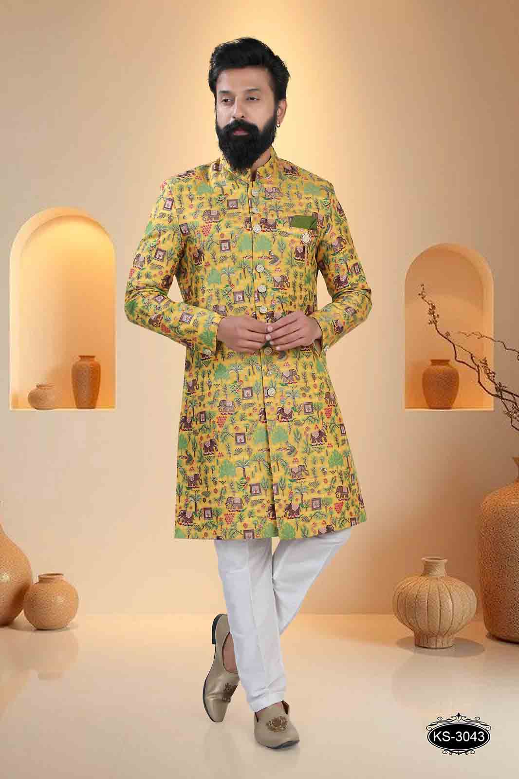 TRADITIONAL INDO-WESTERN SET IN YELLOW TONE WITH UNIQUE PATTERN