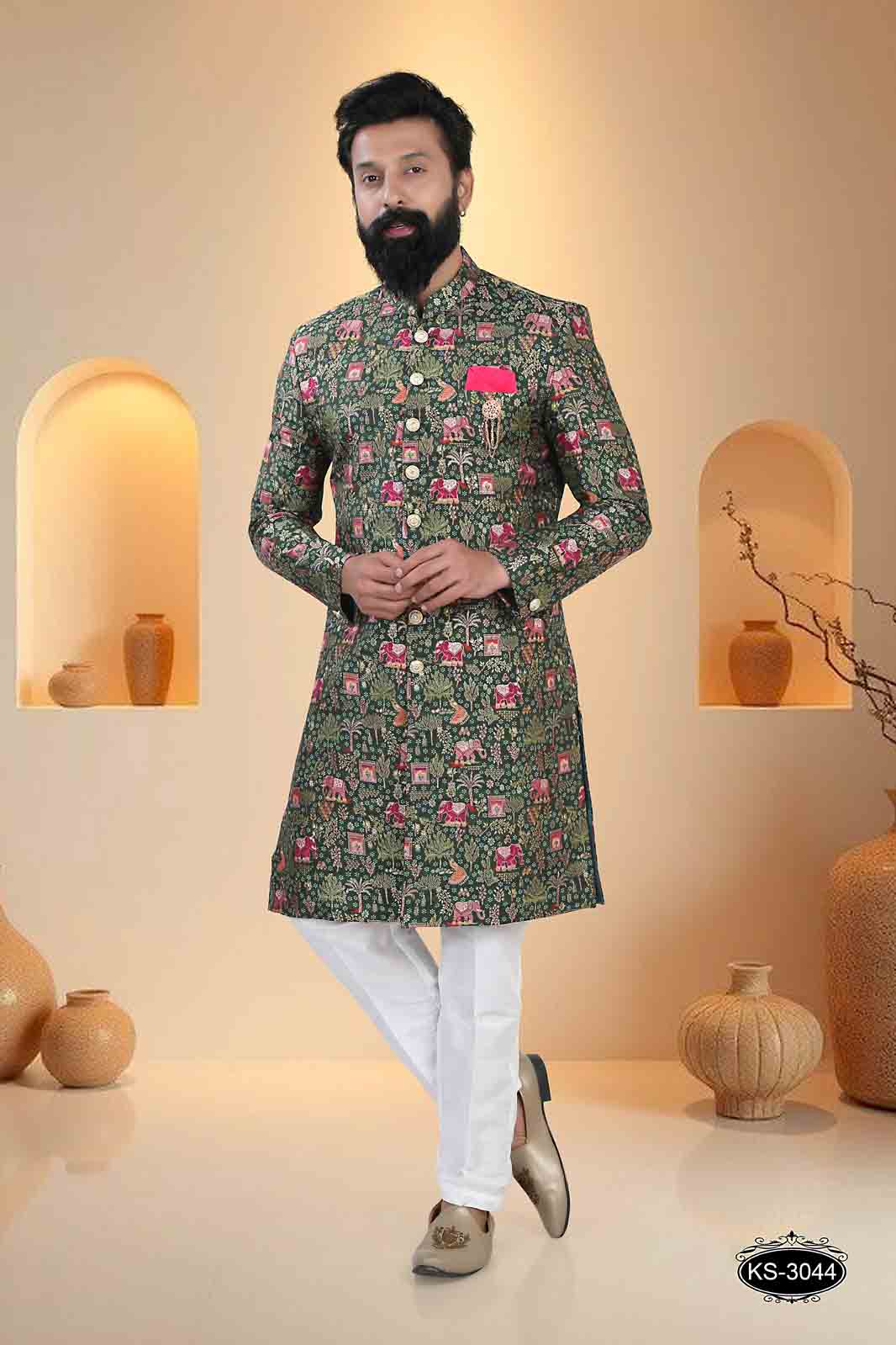 TRADITIONAL INDO-WESTERN IN GREEN TONE WITH SUBTLE PATTERN