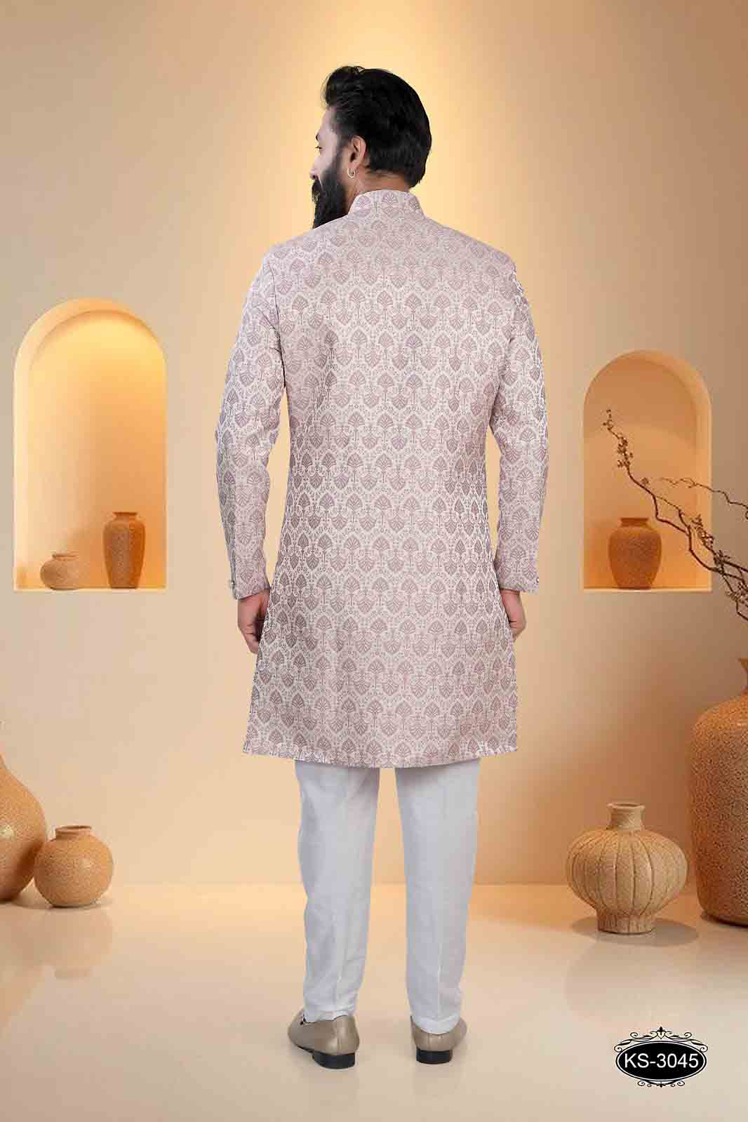 INDO-WESTERN SET IN  CREAM-BASE (PINK ) IN UNIQUE PATTERN