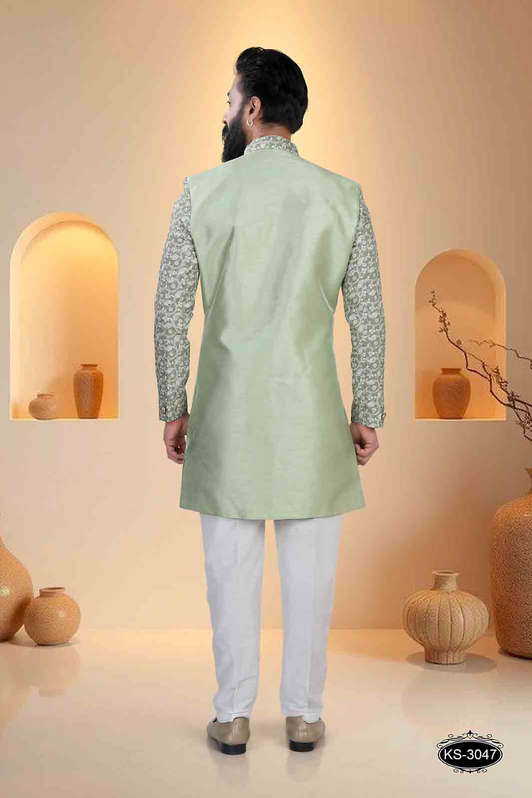 GREEN HUE INDO-WESTERN SET WITH DESIGNER COLLAR & SLEEVES FOR EVERY ETHNIC WEAR