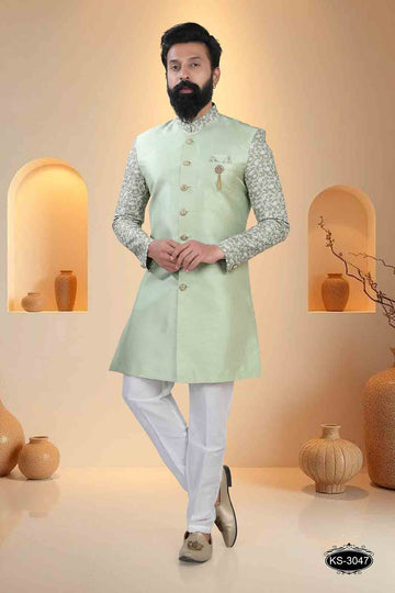 GREEN HUE INDO-WESTERN SET WITH DESIGNER COLLAR & SLEEVES FOR EVERY ETHNIC WEAR