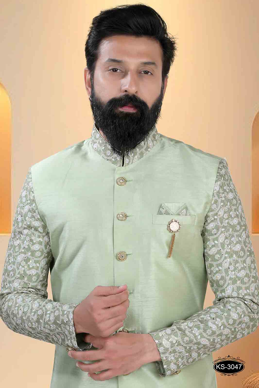 GREEN HUE INDO-WESTERN SET WITH DESIGNER COLLAR & SLEEVES FOR EVERY ETHNIC WEAR