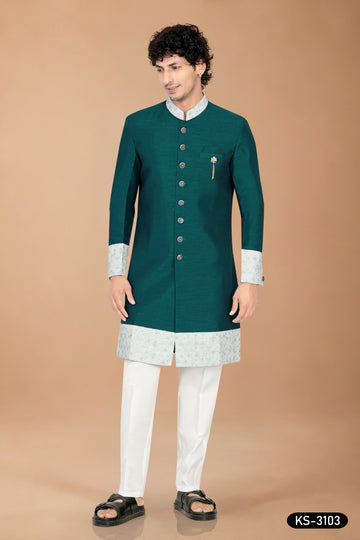 Men's Green Silk Indo-Western Sherwani Set with Designer Patta & Silk Polo Pant