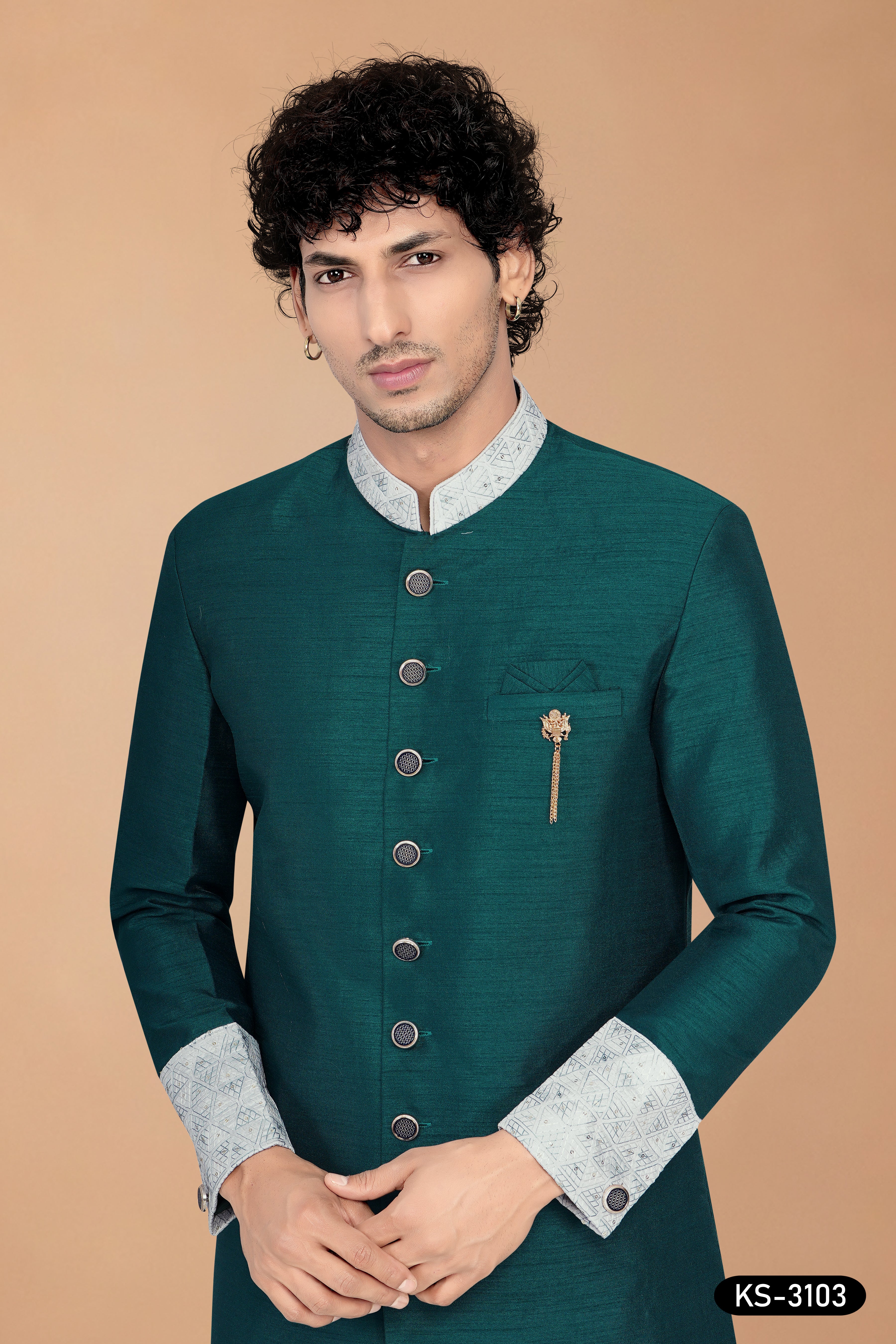 Men's Green Silk Indo-Western Sherwani Set with Designer Patta & Silk Polo Pant