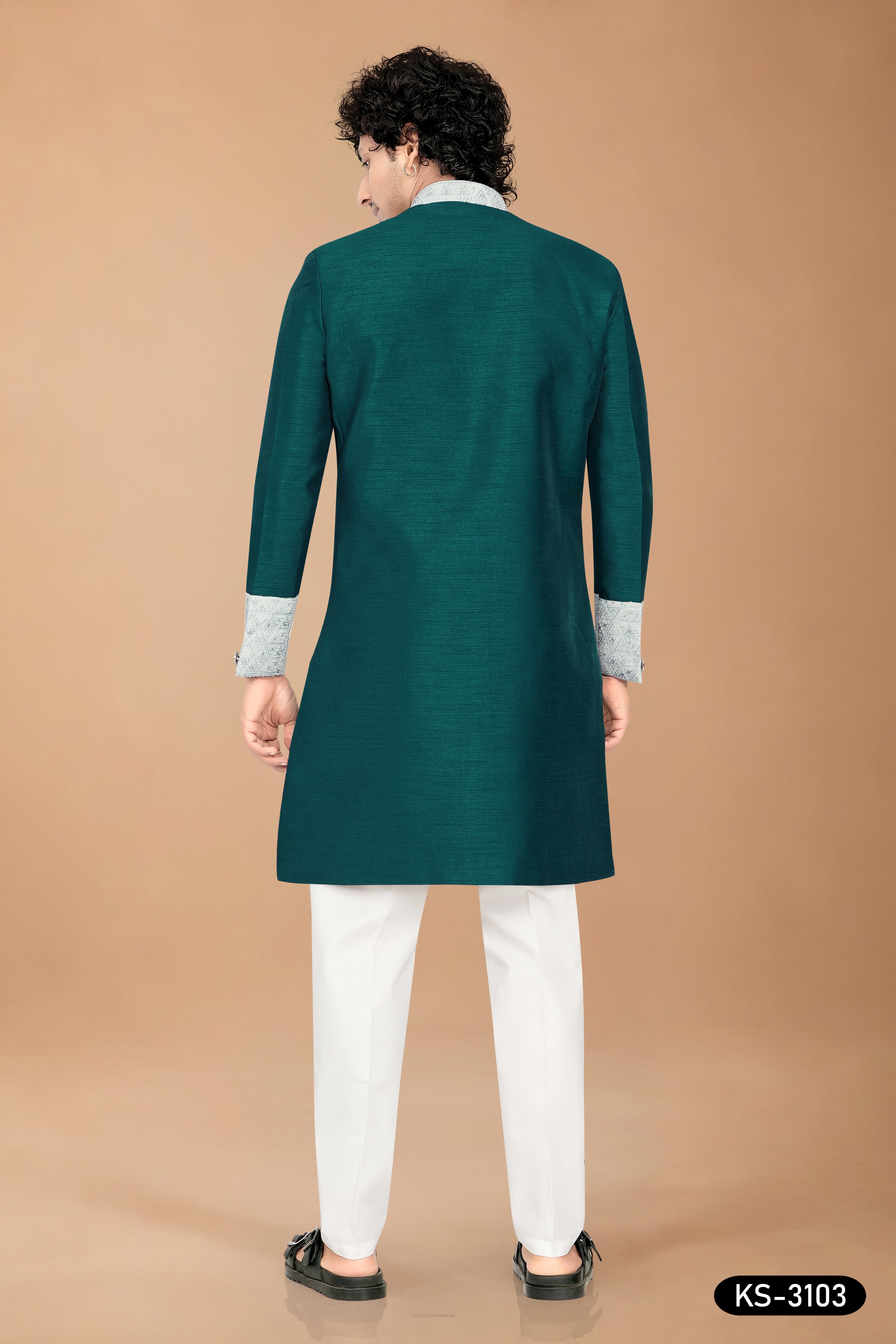 Men's Green Silk Indo-Western Sherwani Set with Designer Patta & Silk Polo Pant