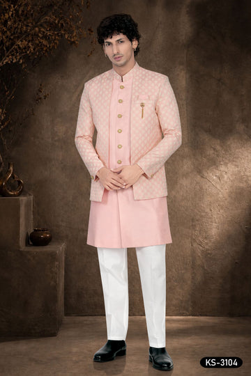 Men's Pink Silk Indo-Western Kurta Set with Designer Attached Jacket & Silk Polo Pant
