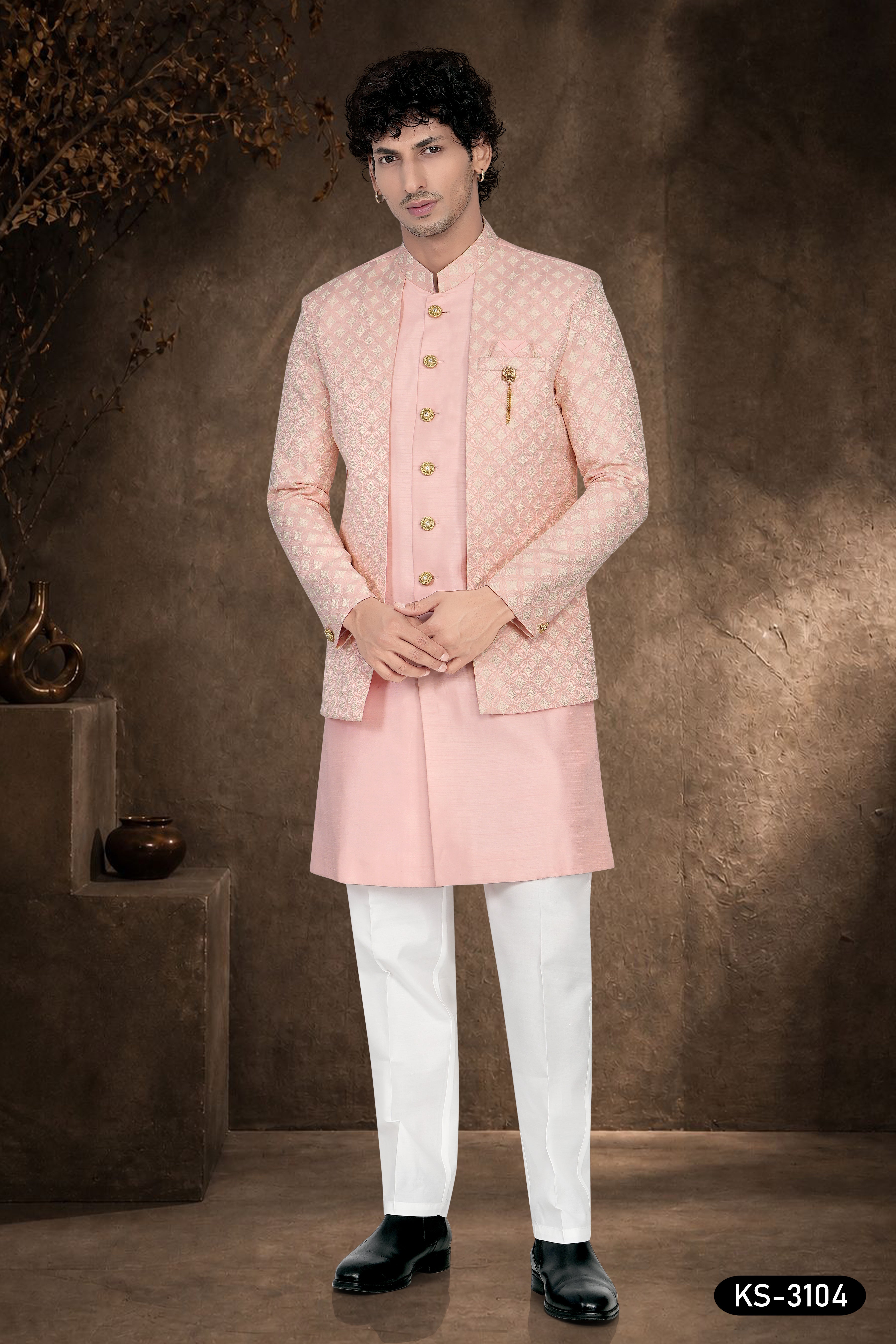 Men's Pink Silk Indo-Western Kurta Set with Designer Attached Jacket & Silk Polo Pant