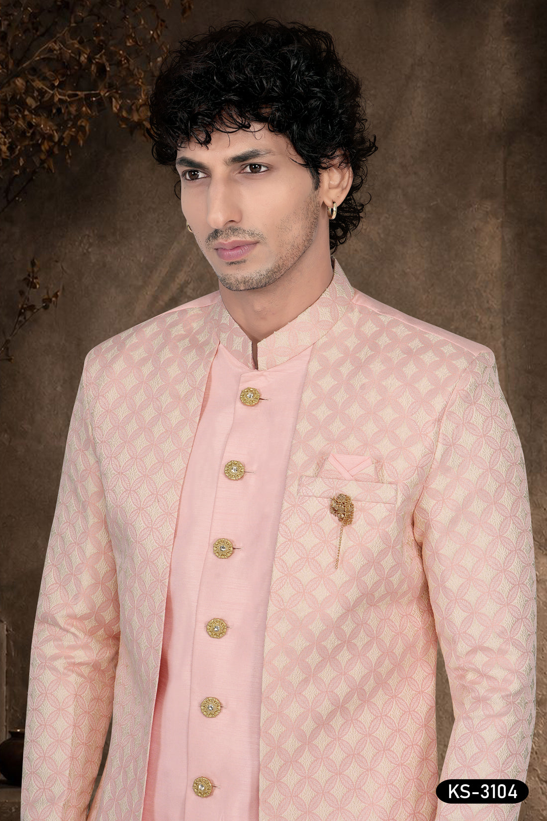 Men's Pink Silk Indo-Western Kurta Set with Designer Attached Jacket & Silk Polo Pant