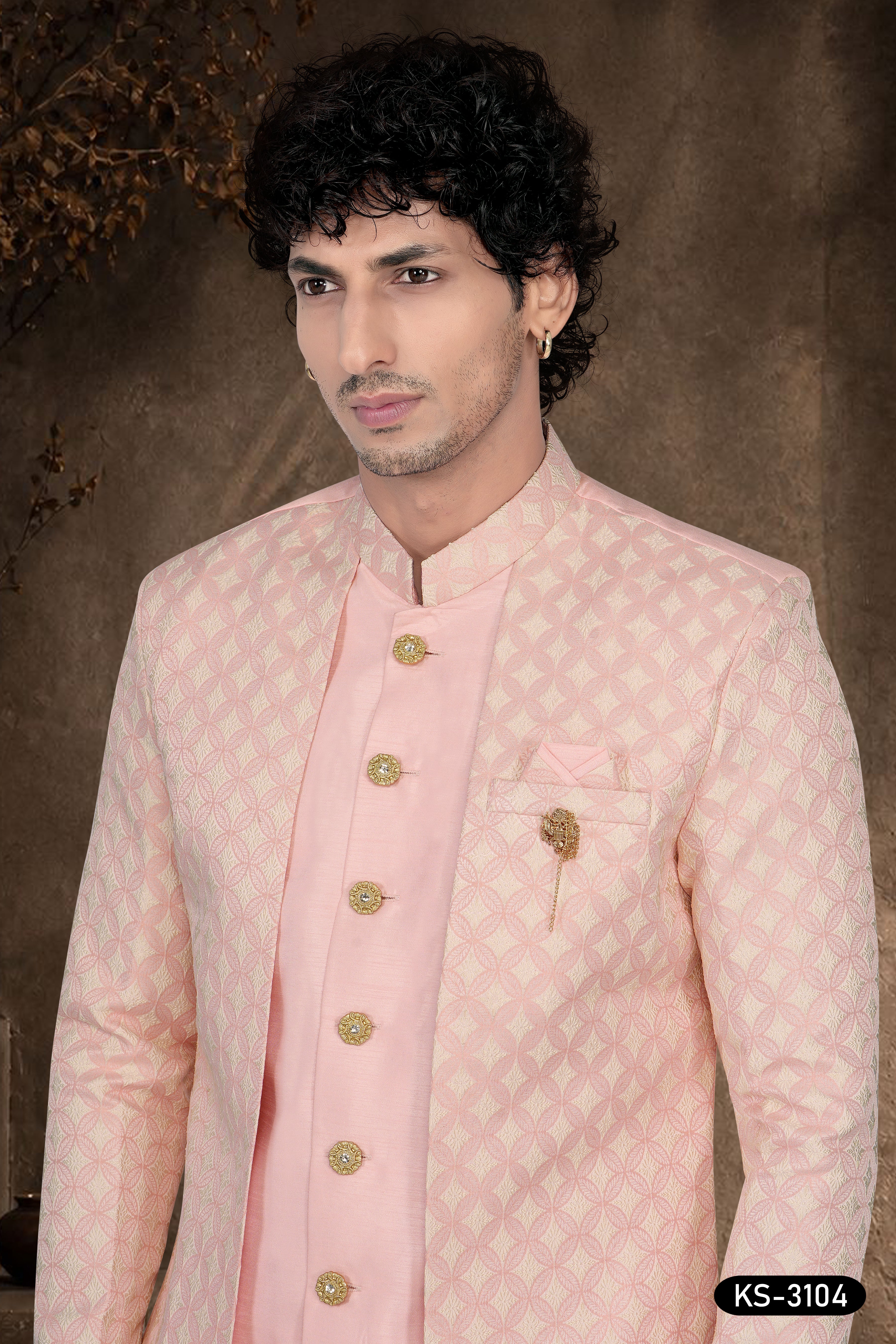Men's Pink Silk Indo-Western Kurta Set with Designer Attached Jacket & Silk Polo Pant
