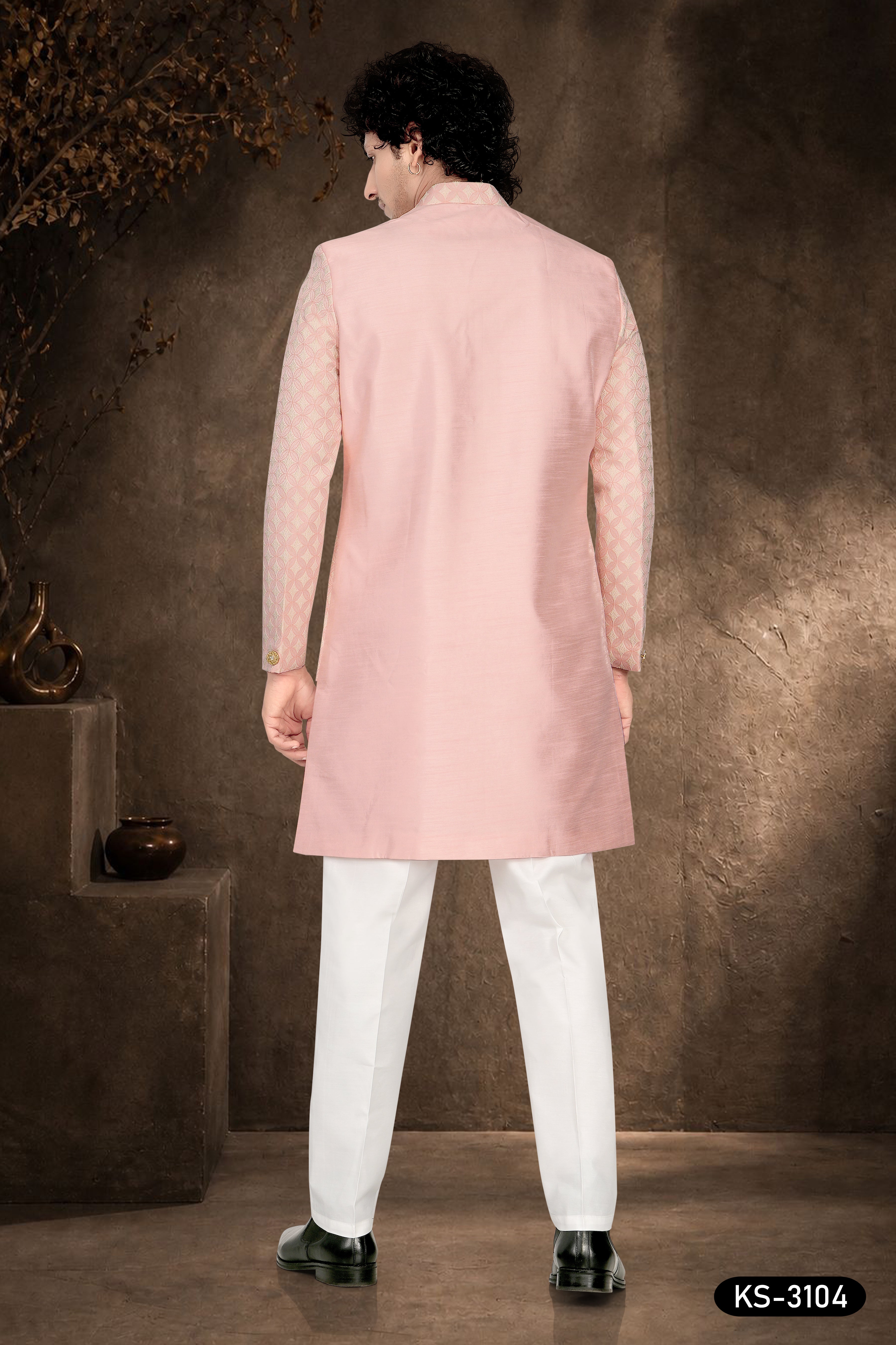 Men's Pink Silk Indo-Western Kurta Set with Designer Attached Jacket & Silk Polo Pant