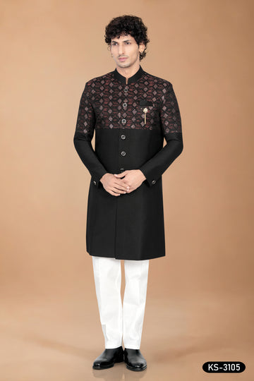 Men's Black Art Silk Indo-Western Set with Designer Pattern & Silk Polo Pant