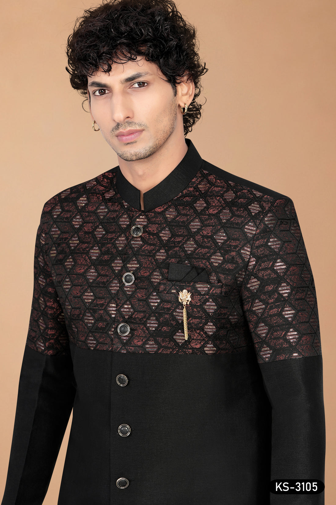 Men's Black Art Silk Indo-Western Set with Designer Pattern & Silk Polo Pant