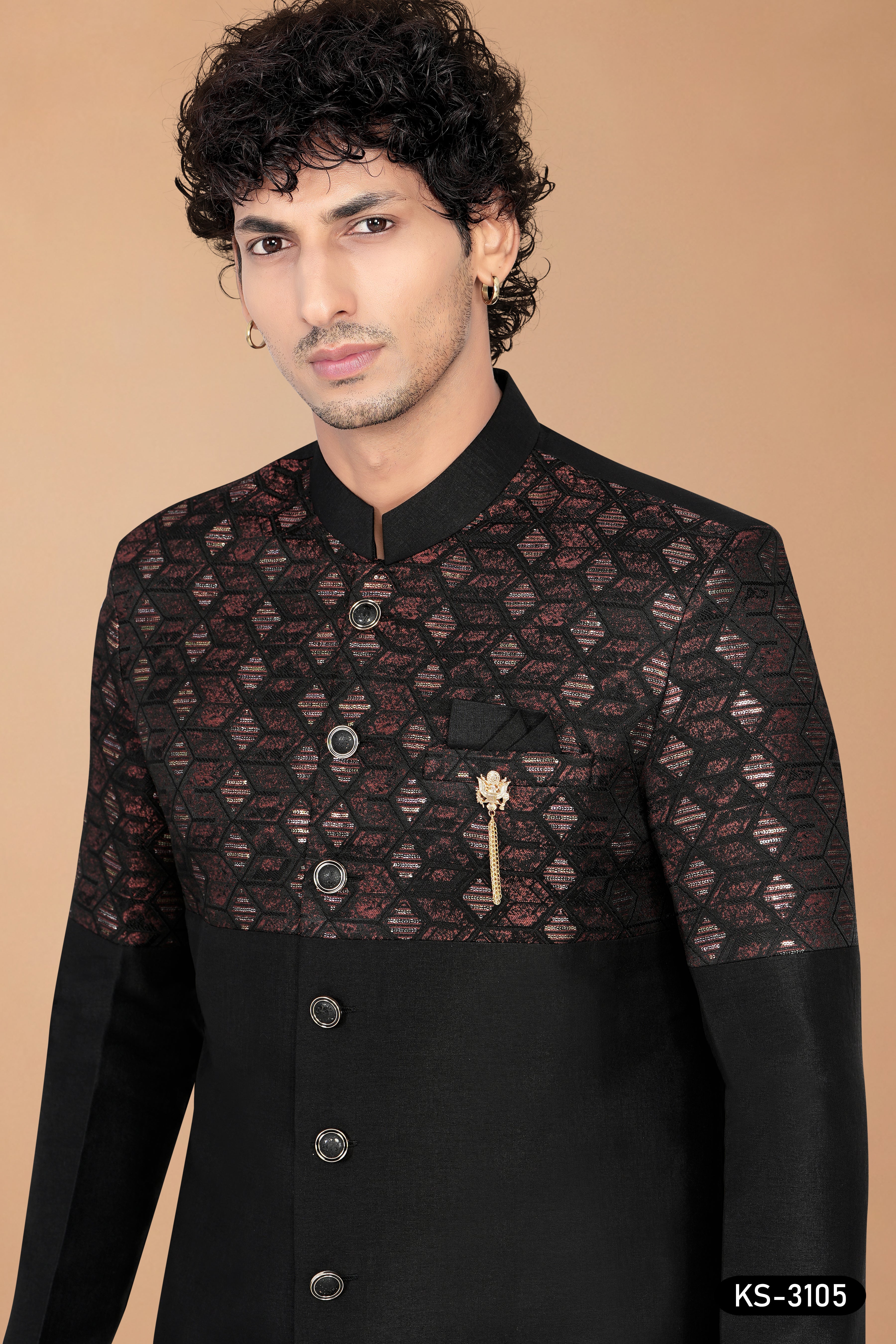 Men's Black Art Silk Indo-Western Set with Designer Pattern & Silk Polo Pant