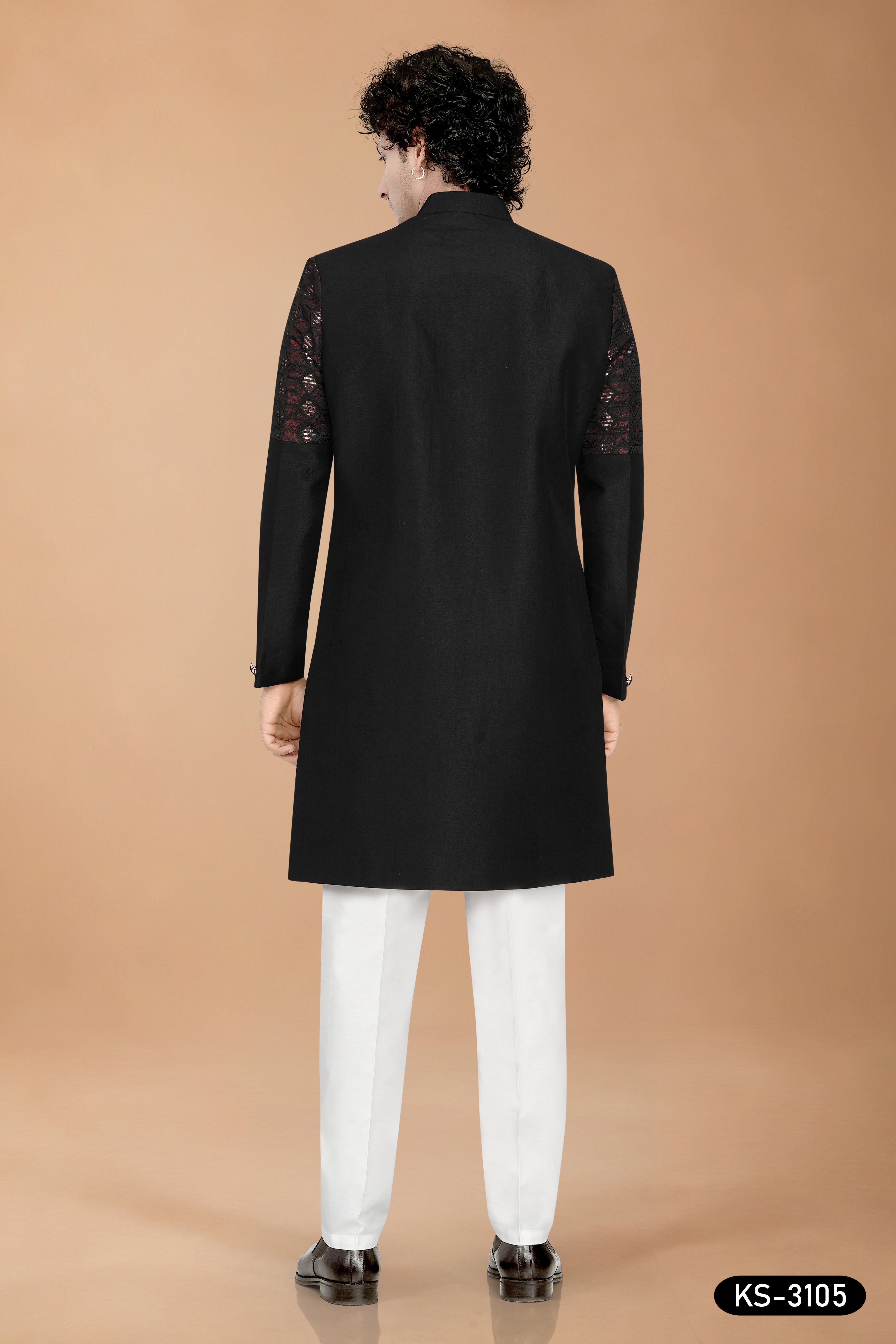 Men's Black Art Silk Indo-Western Set with Designer Pattern & Silk Polo Pant