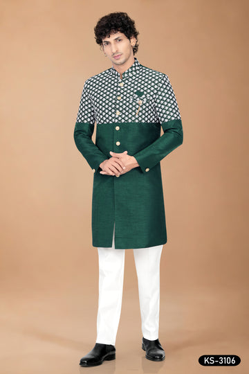 Men's Green Art Silk Indo-Western Set with Designer Pattern & Silk Polo Pant