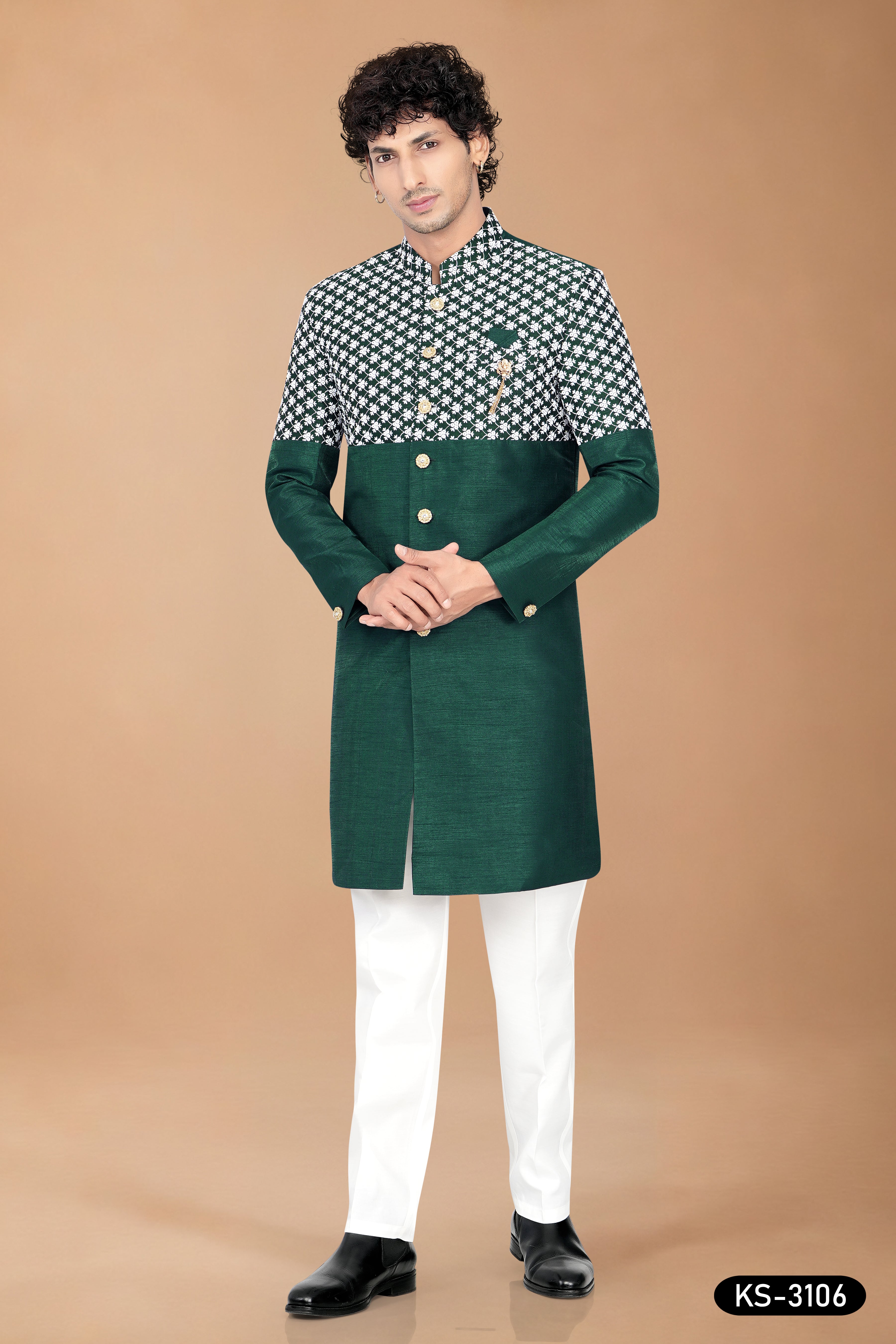 Men's Green Art Silk Indo-Western Set with Designer Pattern & Silk Polo Pant