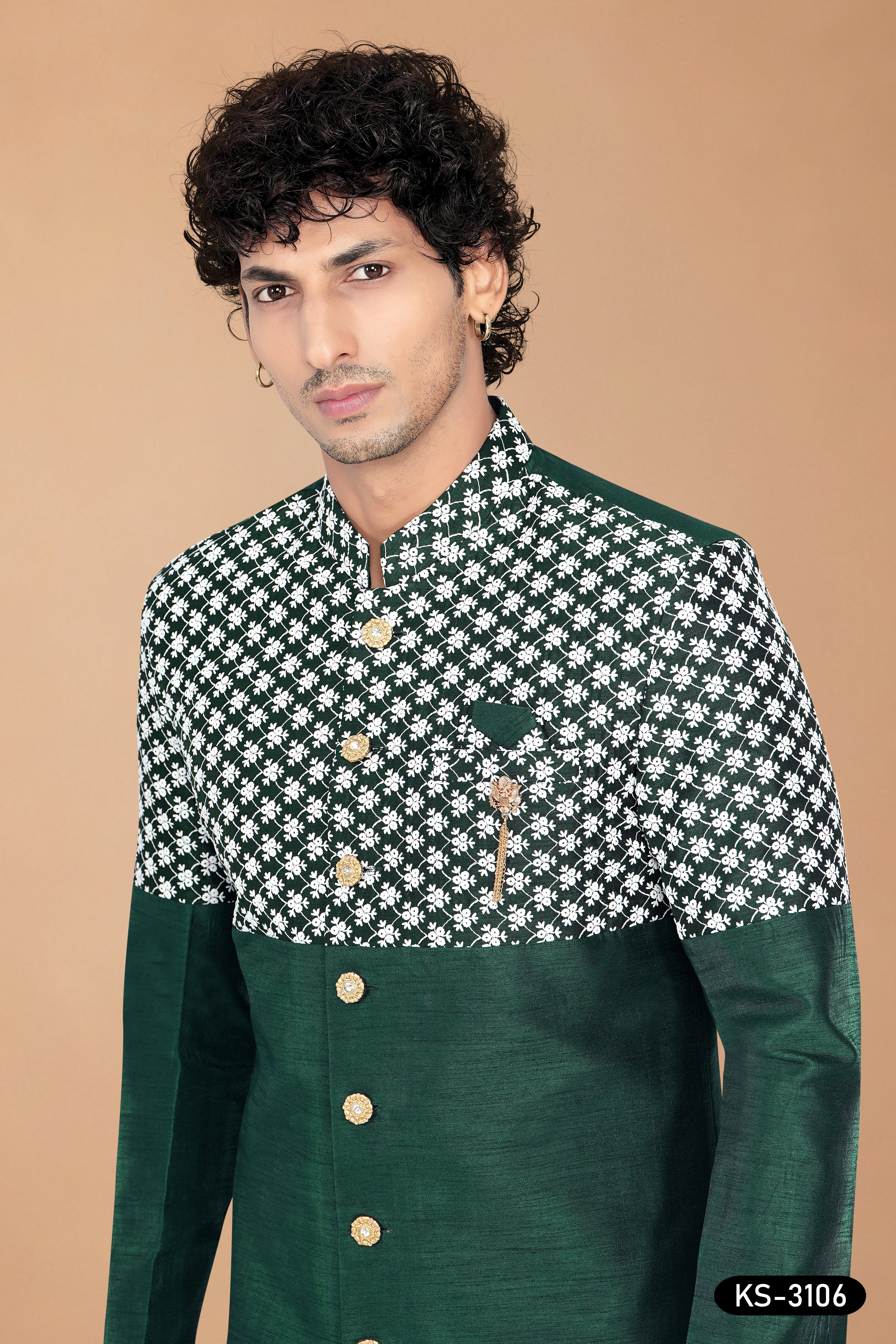 Men's Green Art Silk Indo-Western Set with Designer Pattern & Silk Polo Pant