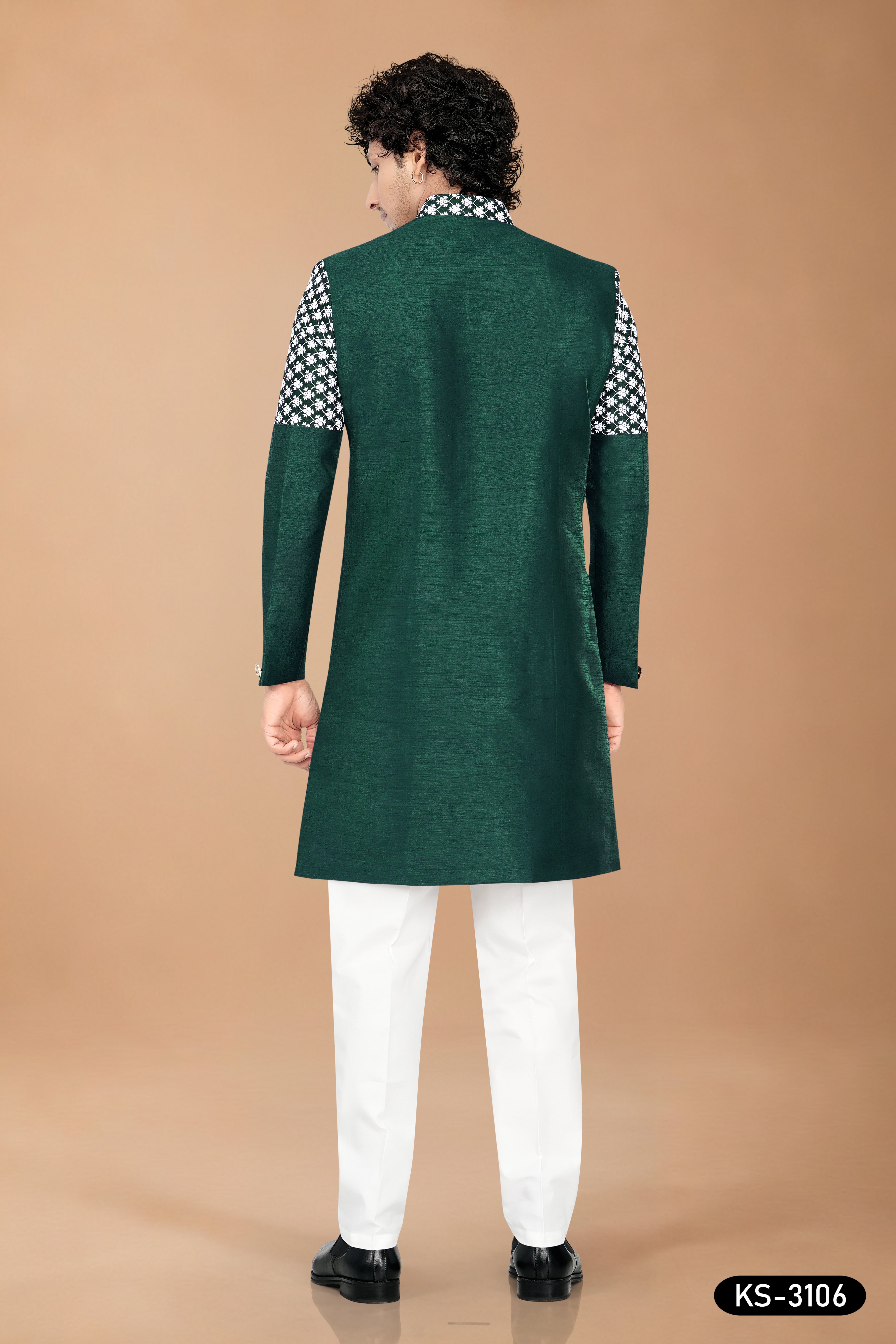 Men's Green Art Silk Indo-Western Set with Designer Pattern & Silk Polo Pant