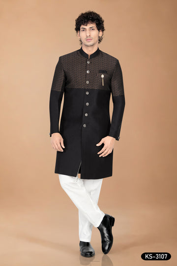 Men's Black Art Silk Indo-Western Set with Designer Pattern & Silk Polo Pant