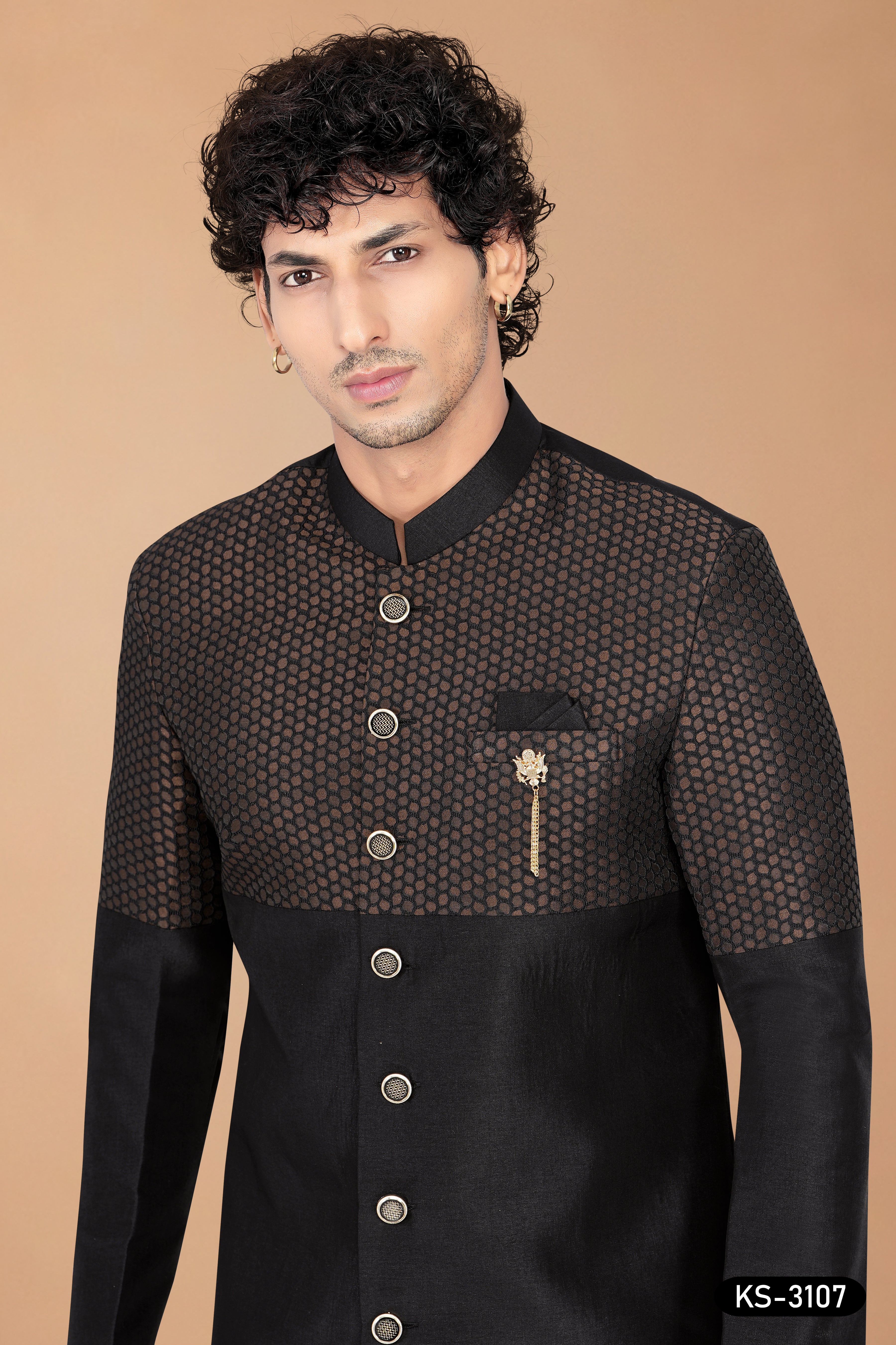 Men's Black Art Silk Indo-Western Set with Designer Pattern & Silk Polo Pant