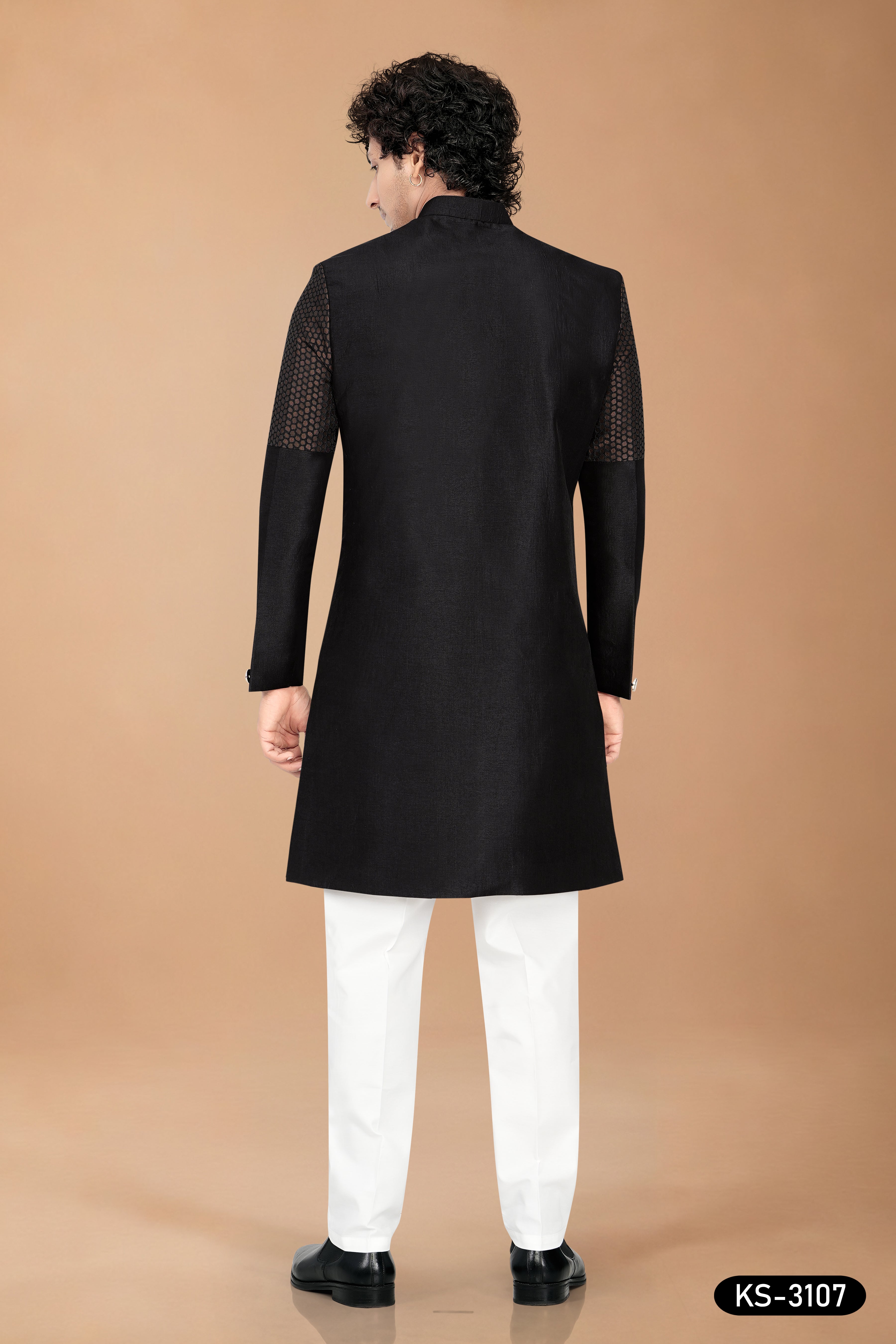 Men's Black Art Silk Indo-Western Set with Designer Pattern & Silk Polo Pant