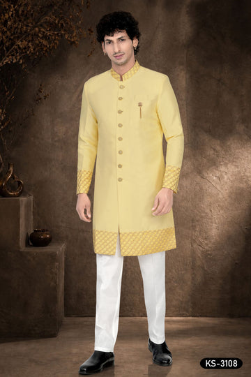 Men's Yellow Silk Indo-Western Set with Designer Patta & Silk Polo Pant