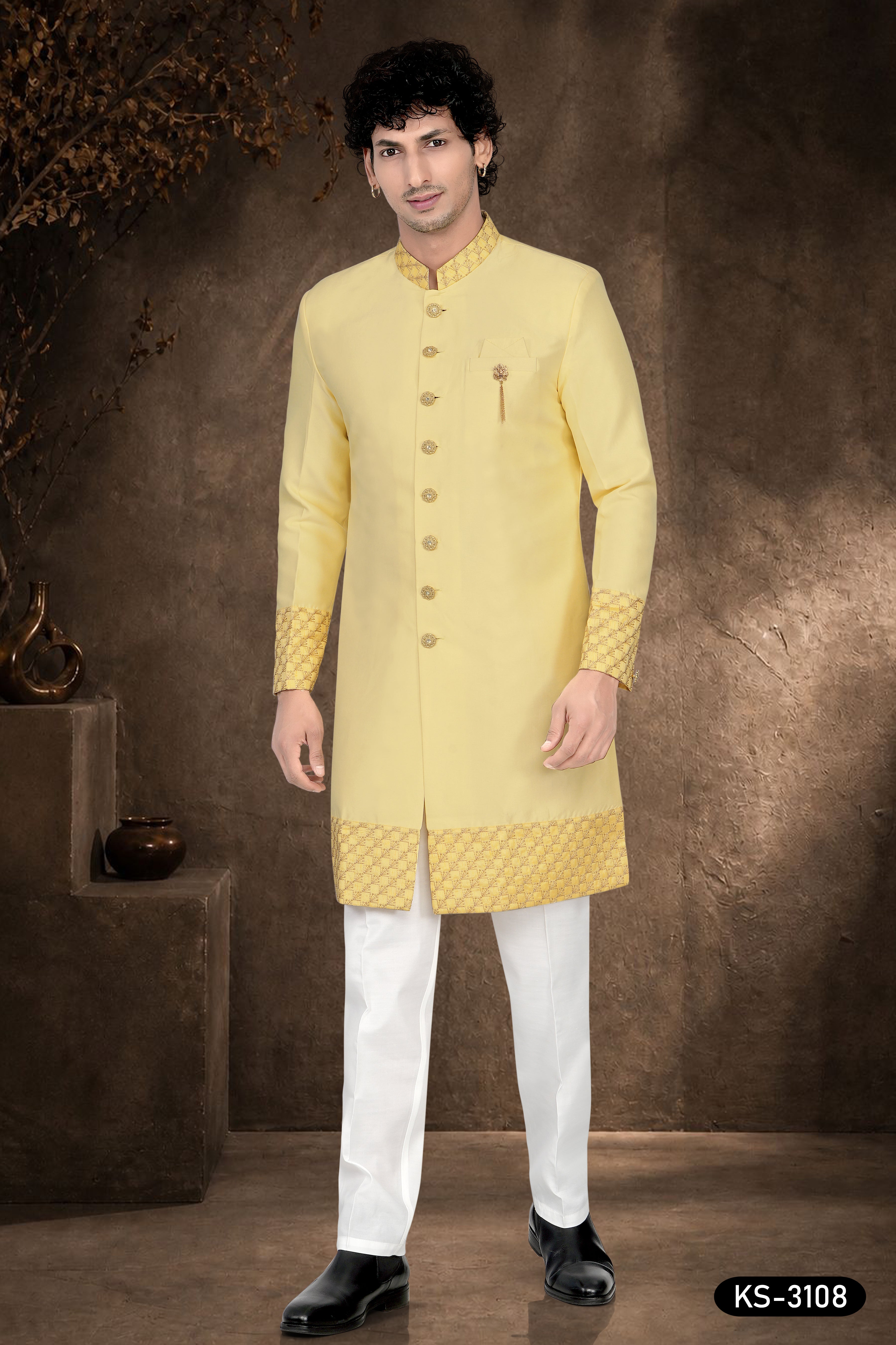 Men's Yellow Silk Indo-Western Set with Designer Patta & Silk Polo Pant