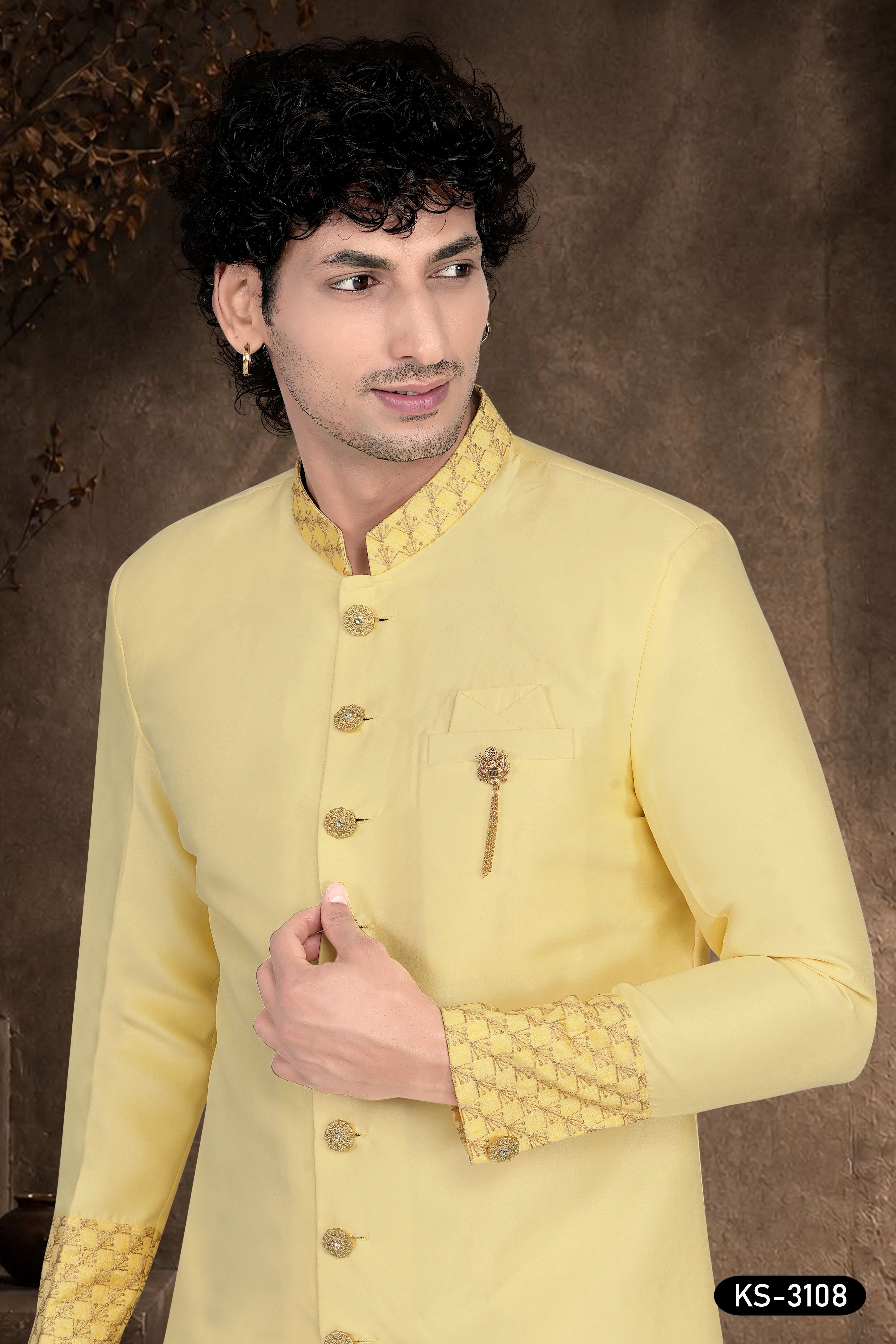 Men's Yellow Silk Indo-Western Set with Designer Patta & Silk Polo Pant