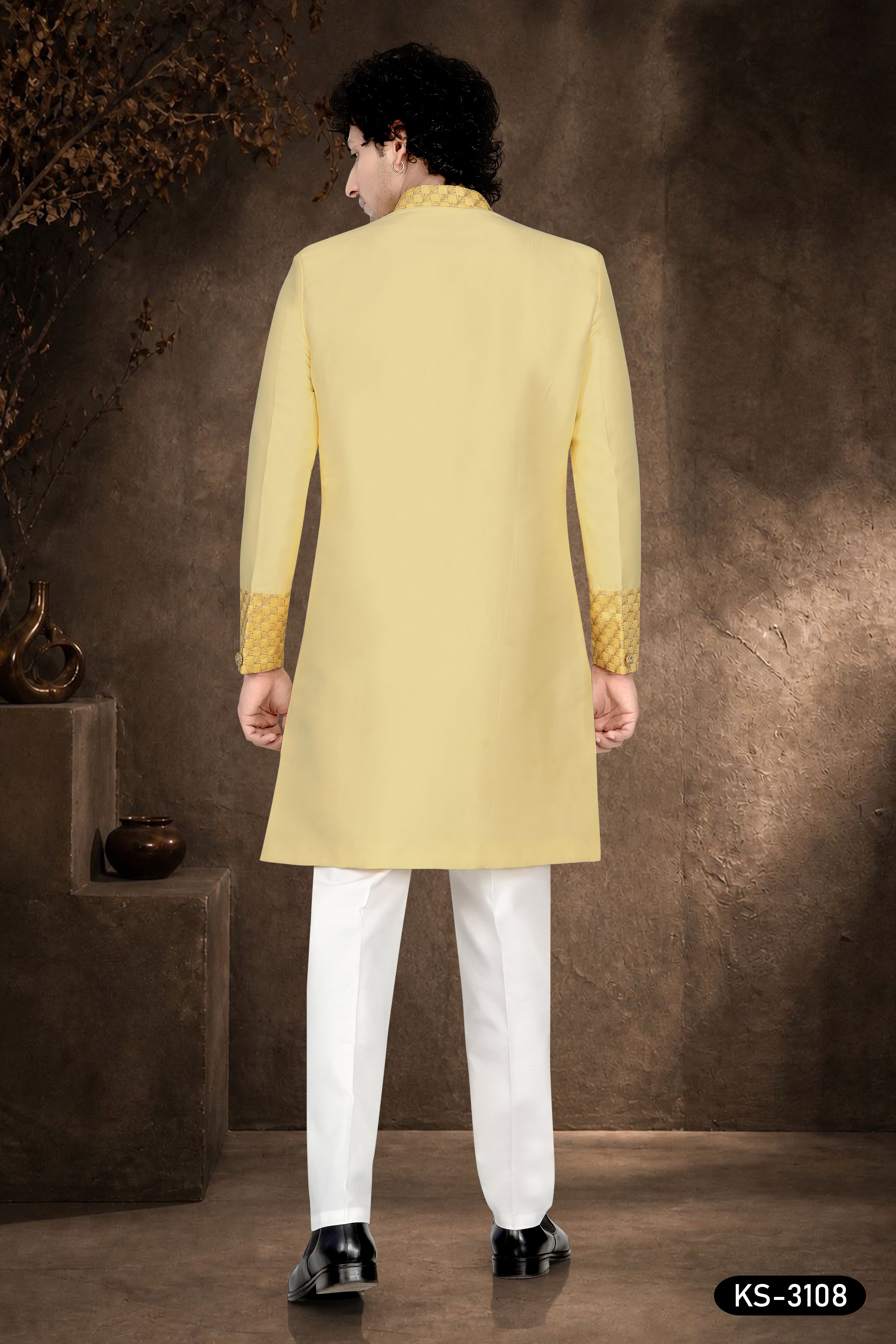 Men's Yellow Silk Indo-Western Set with Designer Patta & Silk Polo Pant