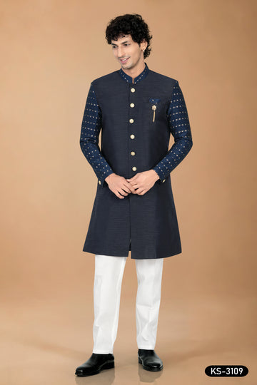 Men's Navy Blue Silk Indo-Western Set with Designer Sleeves & Silk Polo Pant