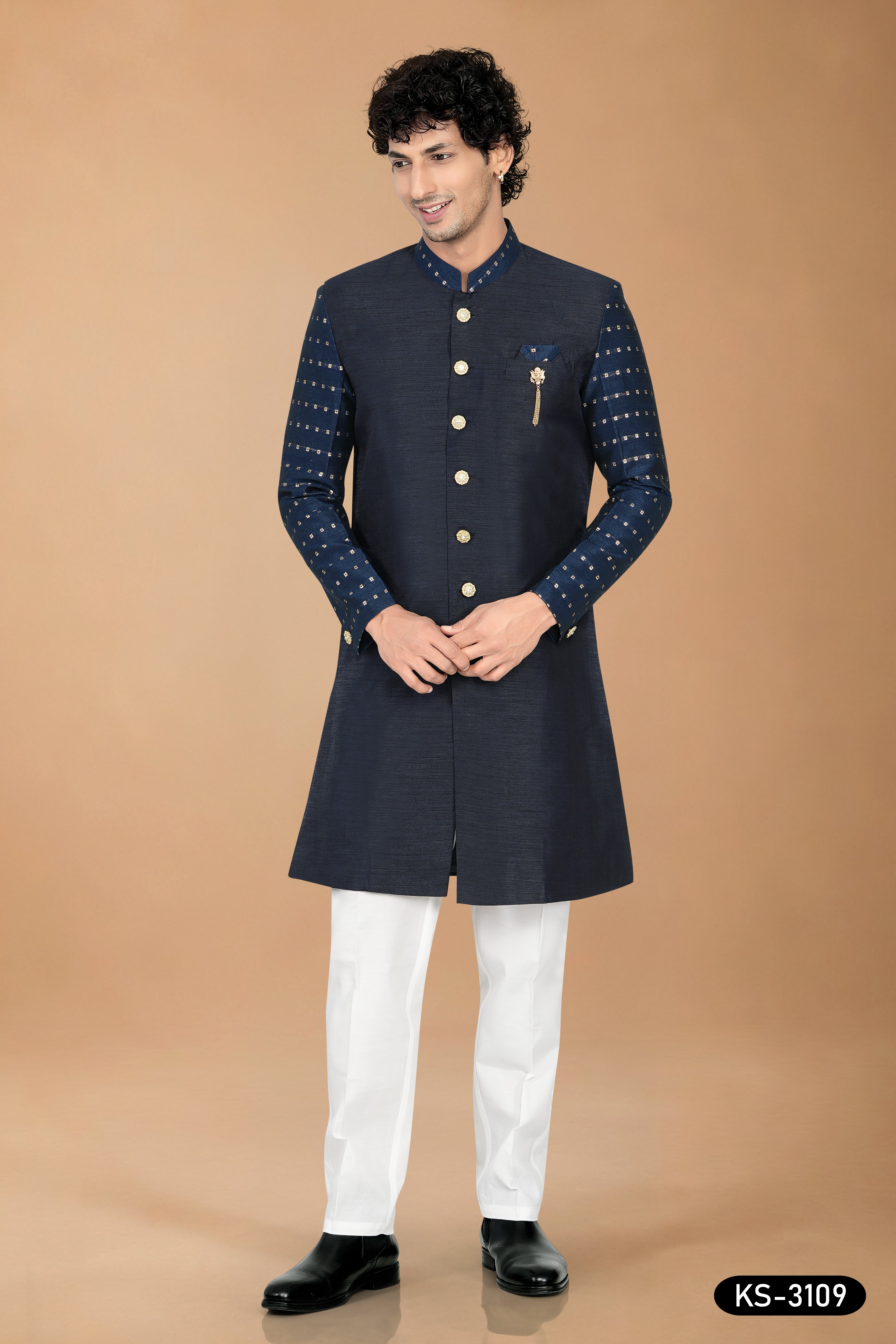 Men's Navy Blue Silk Indo-Western Set with Designer Sleeves & Silk Polo Pant