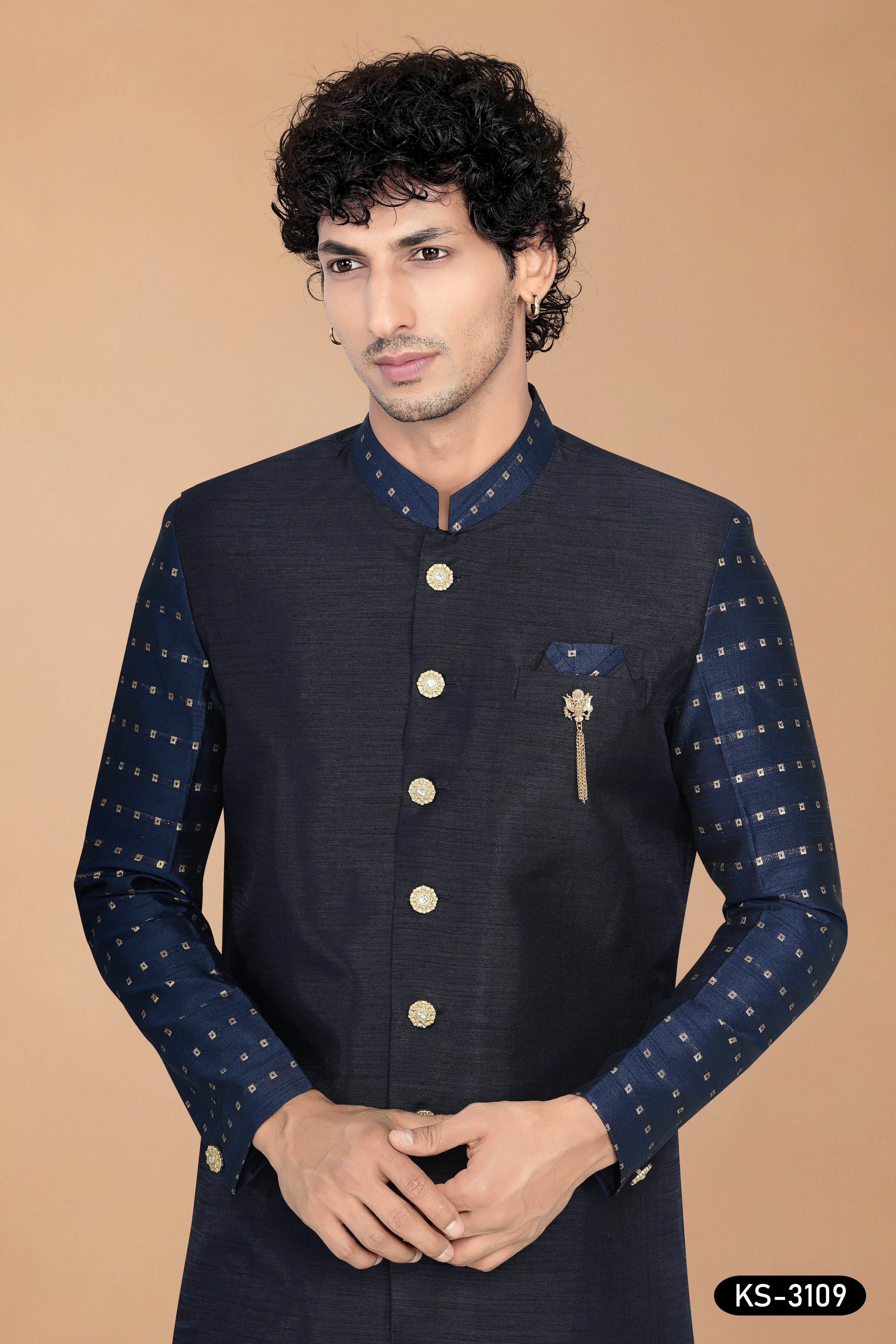 Men's Navy Blue Silk Indo-Western Set with Designer Sleeves & Silk Polo Pant