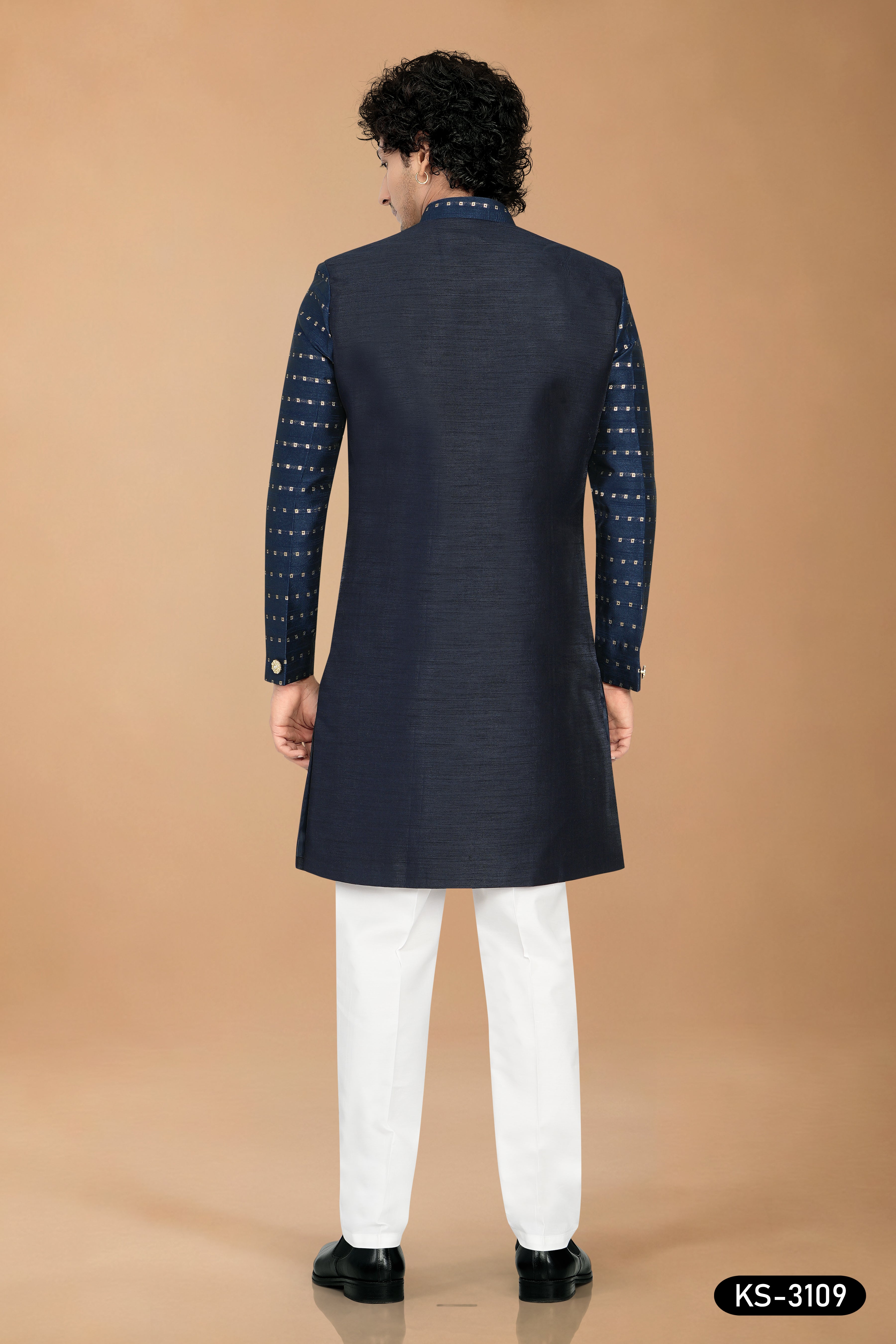 Men's Navy Blue Silk Indo-Western Set with Designer Sleeves & Silk Polo Pant