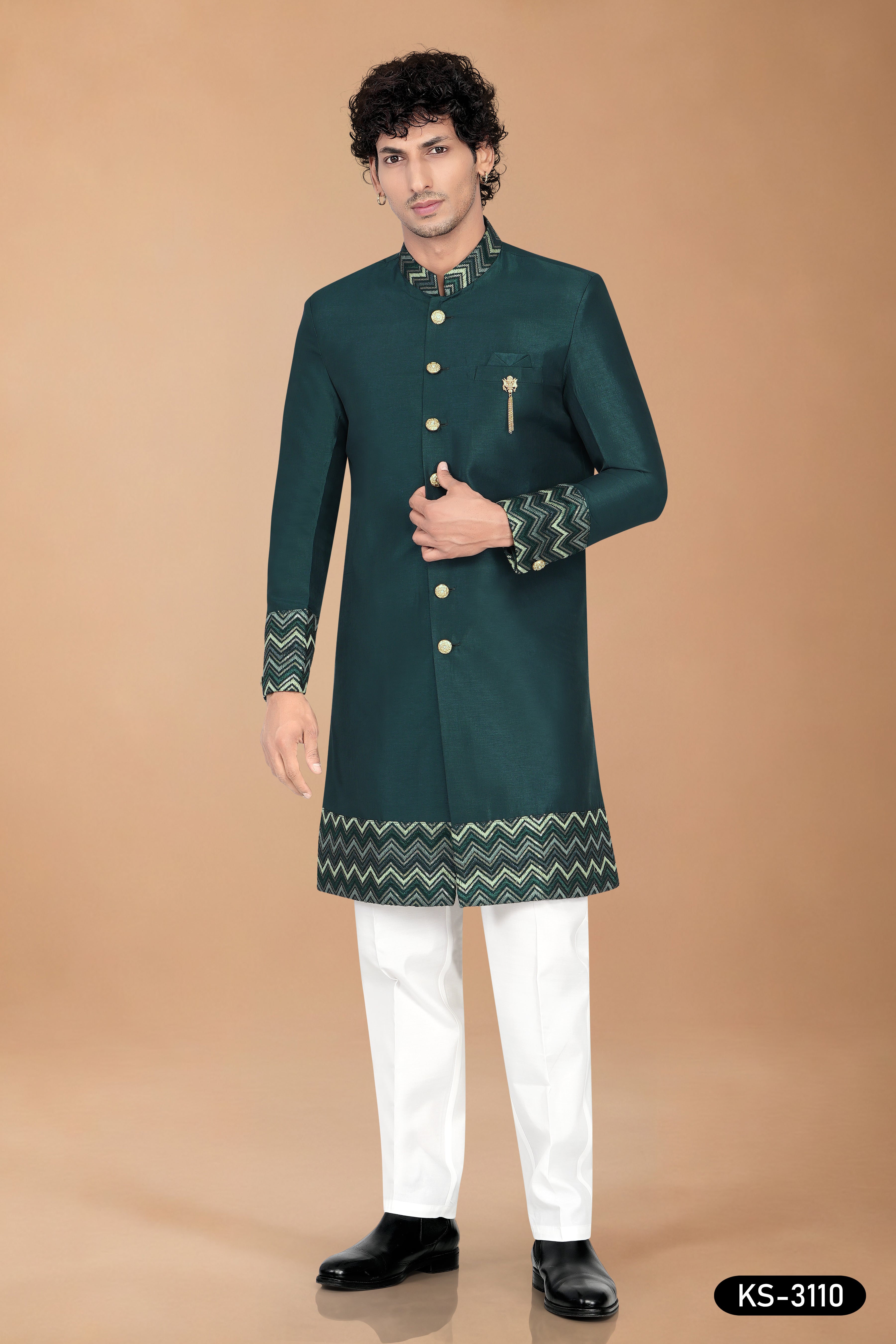 Men's Greenish-Blue Silk Indo-Western Set with Designer Patta & Silk Polo Pant
