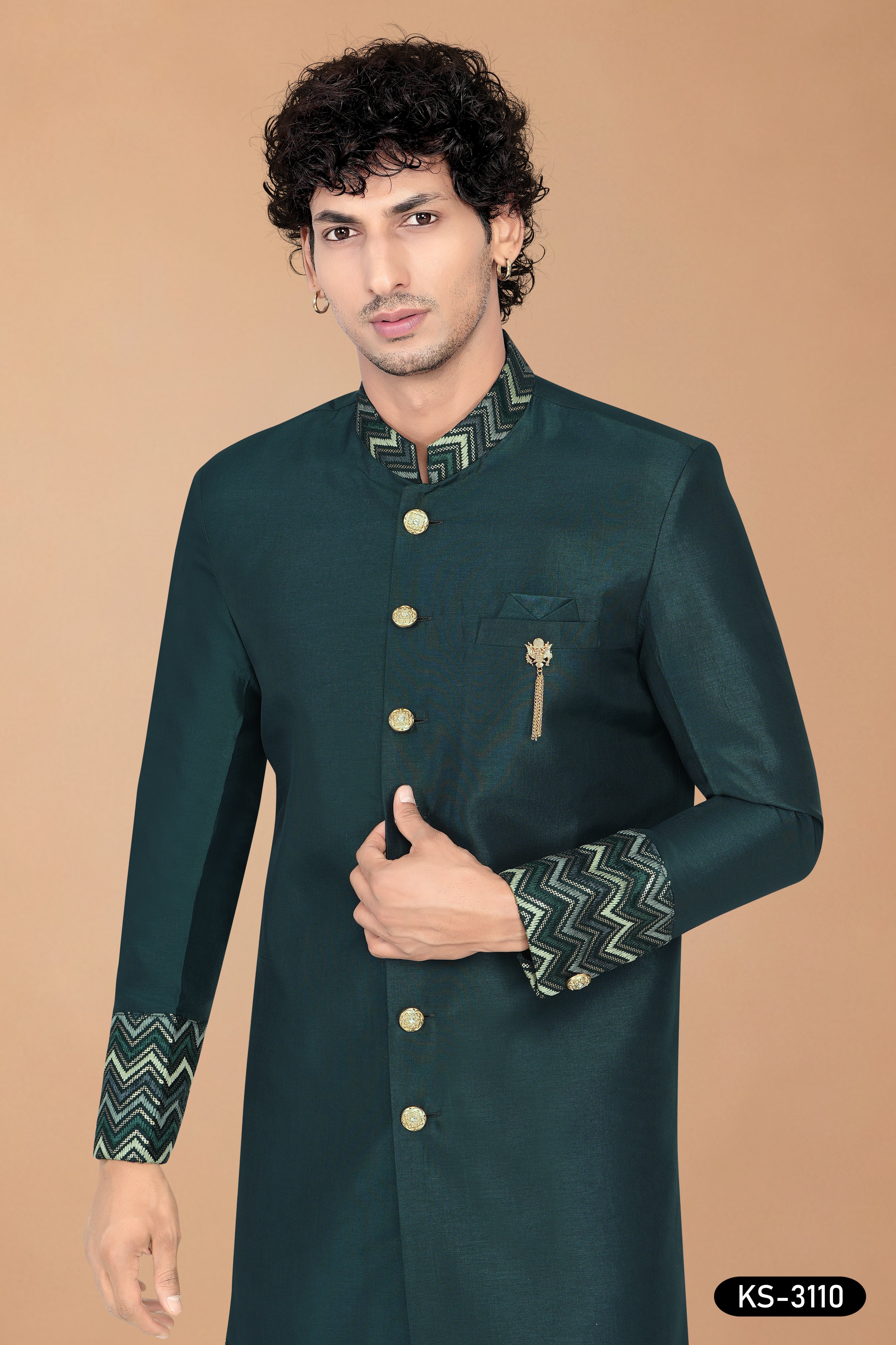 Men's Greenish-Blue Silk Indo-Western Set with Designer Patta & Silk Polo Pant