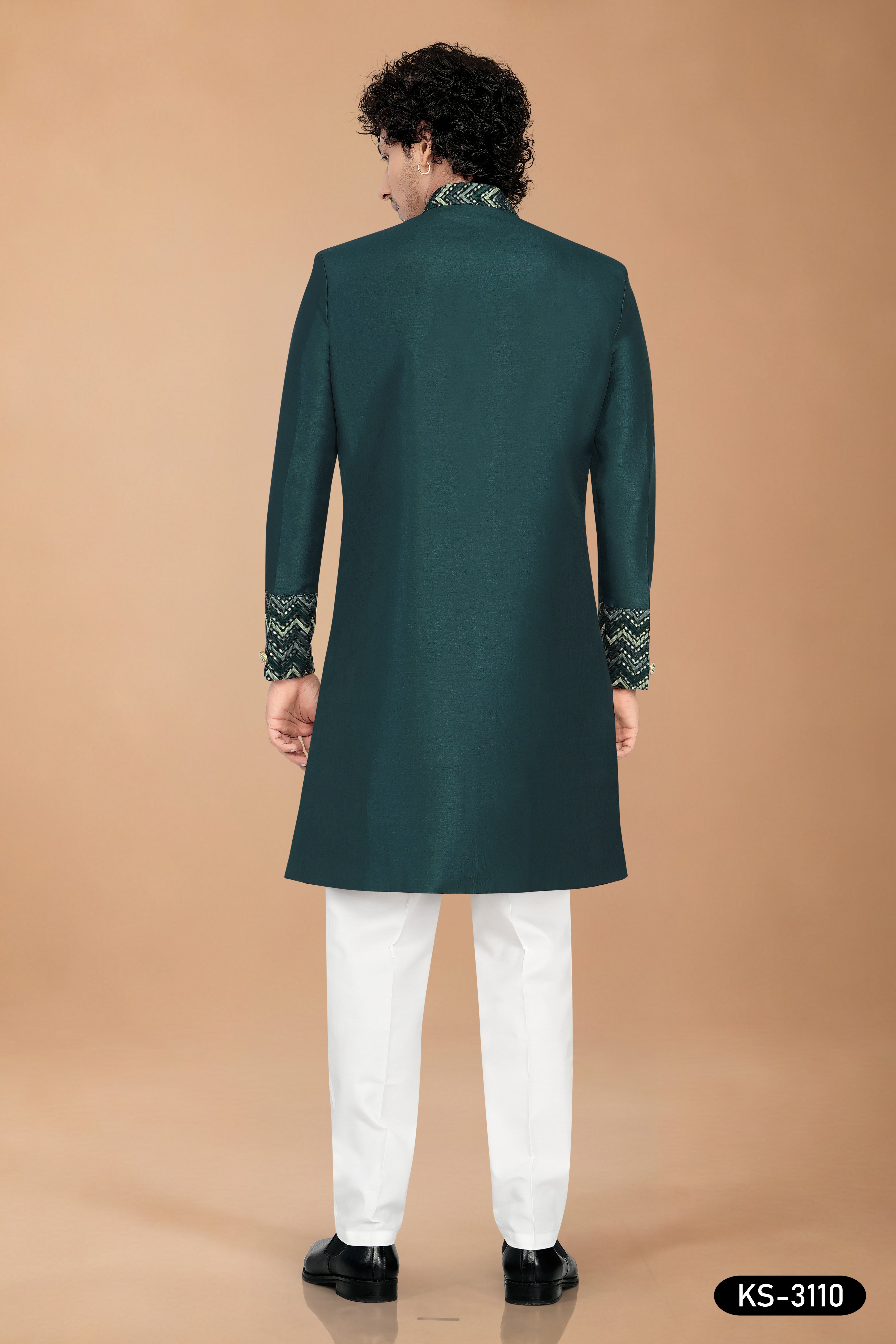 Men's Greenish-Blue Silk Indo-Western Set with Designer Patta & Silk Polo Pant