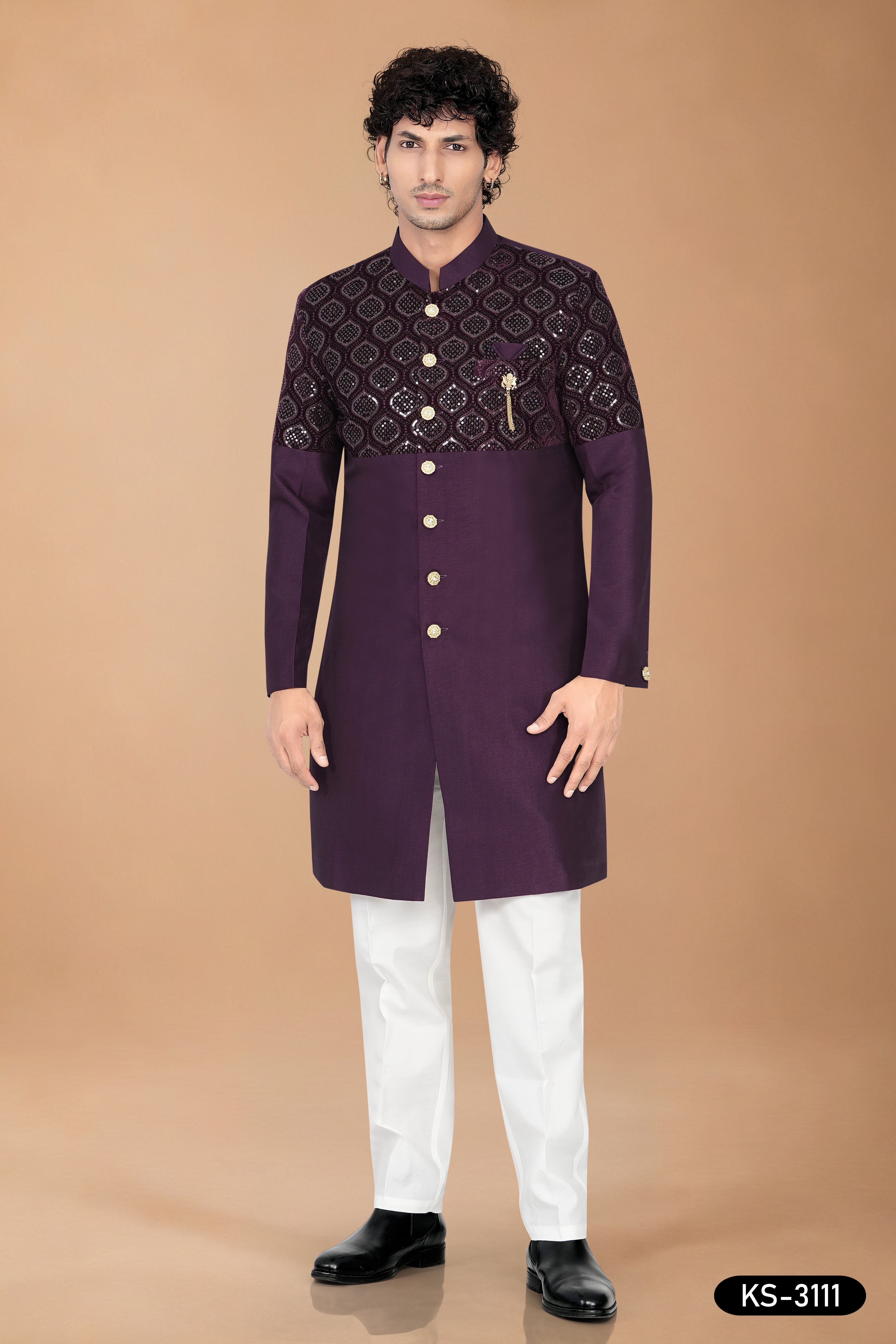 Men's Wine Art Silk Indo-Western Set with Designer Pattern & Silk Polo Pant