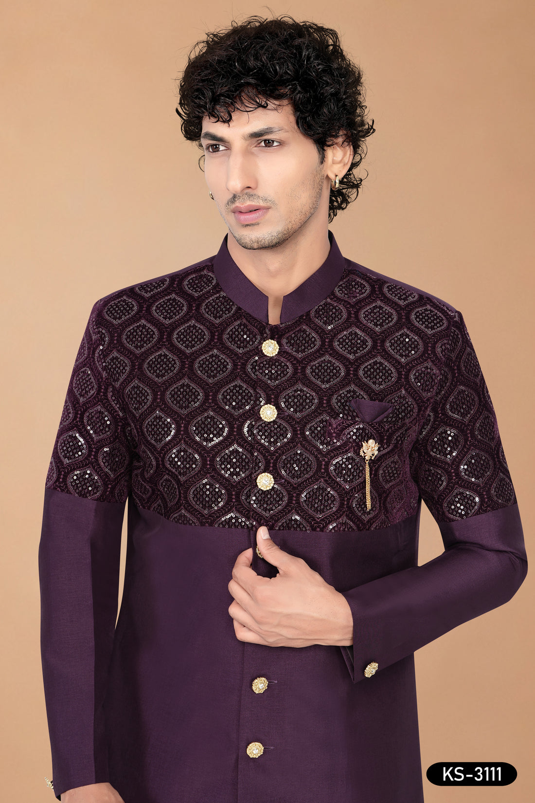 Men's Wine Art Silk Indo-Western Set with Designer Pattern & Silk Polo Pant