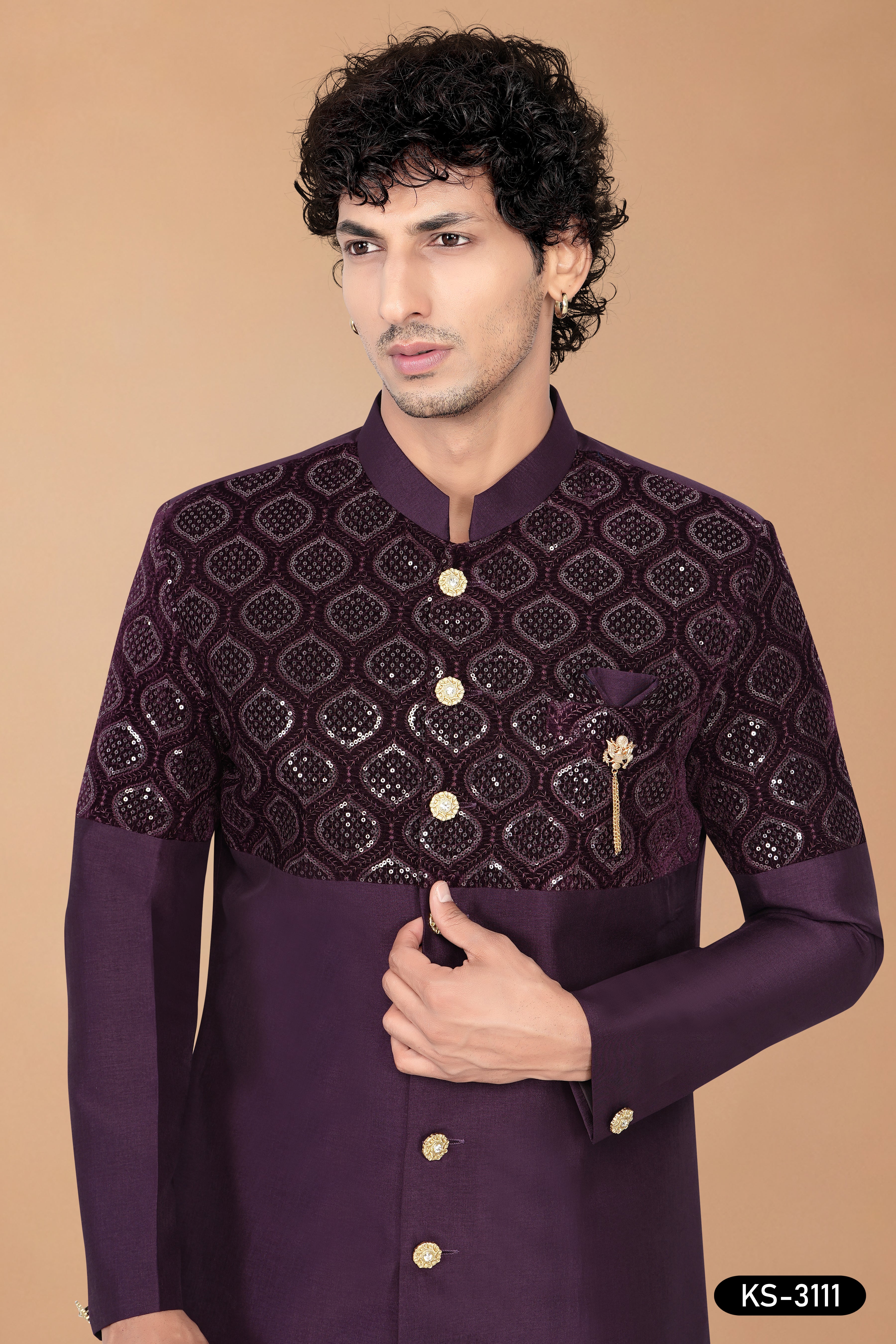 Men's Wine Art Silk Indo-Western Set with Designer Pattern & Silk Polo Pant