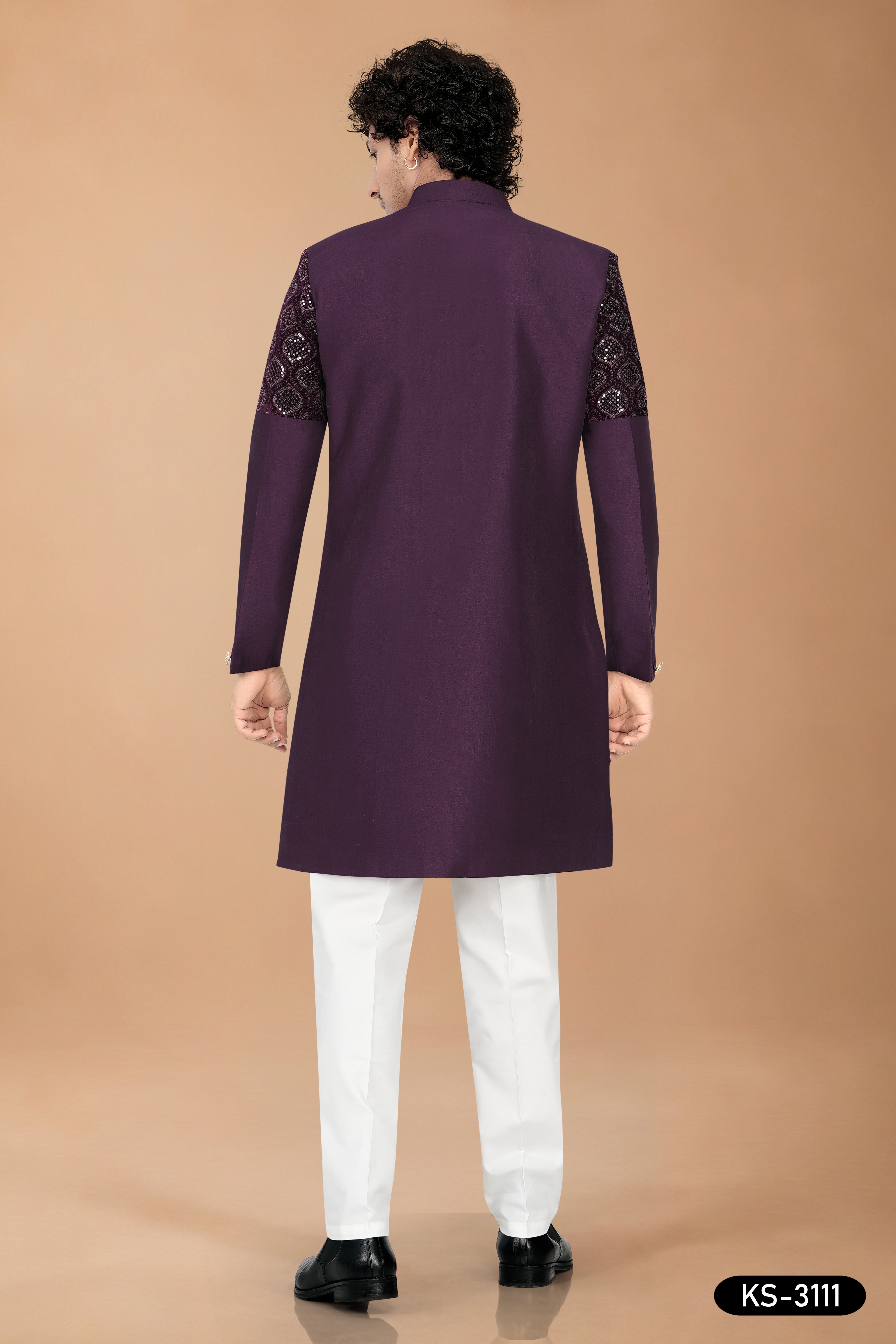 Men's Wine Art Silk Indo-Western Set with Designer Pattern & Silk Polo Pant