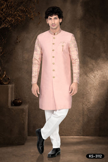 Men's Navy Blue Silk Indo-Western Set with Designer Sleeves & Silk Polo Pant