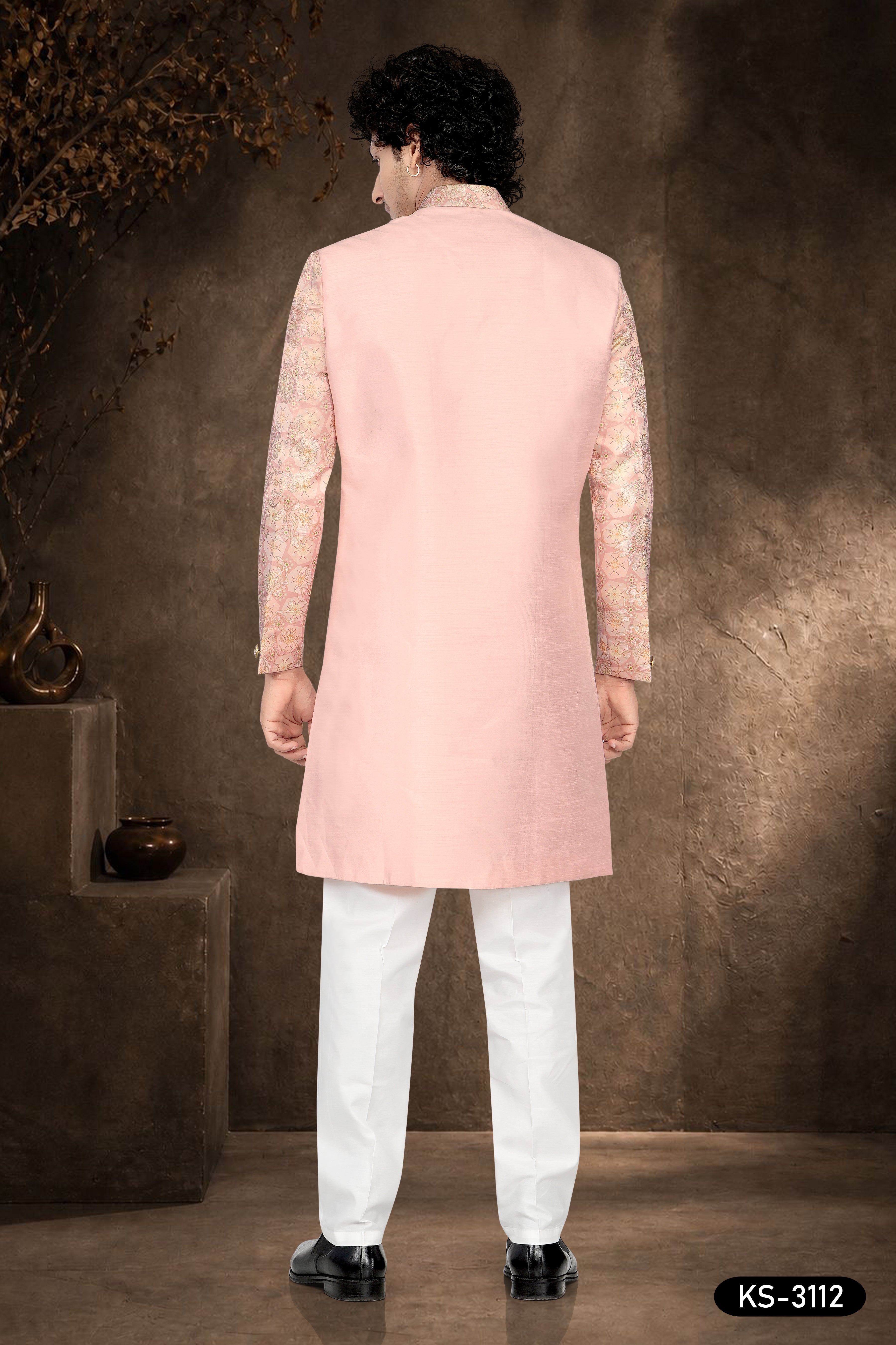 Men's Navy Blue Silk Indo-Western Set with Designer Sleeves & Silk Polo Pant