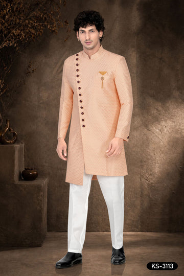 Men's Peach Jacquard Indo-Western Set with Self-Design & Art Silk Polo Pant