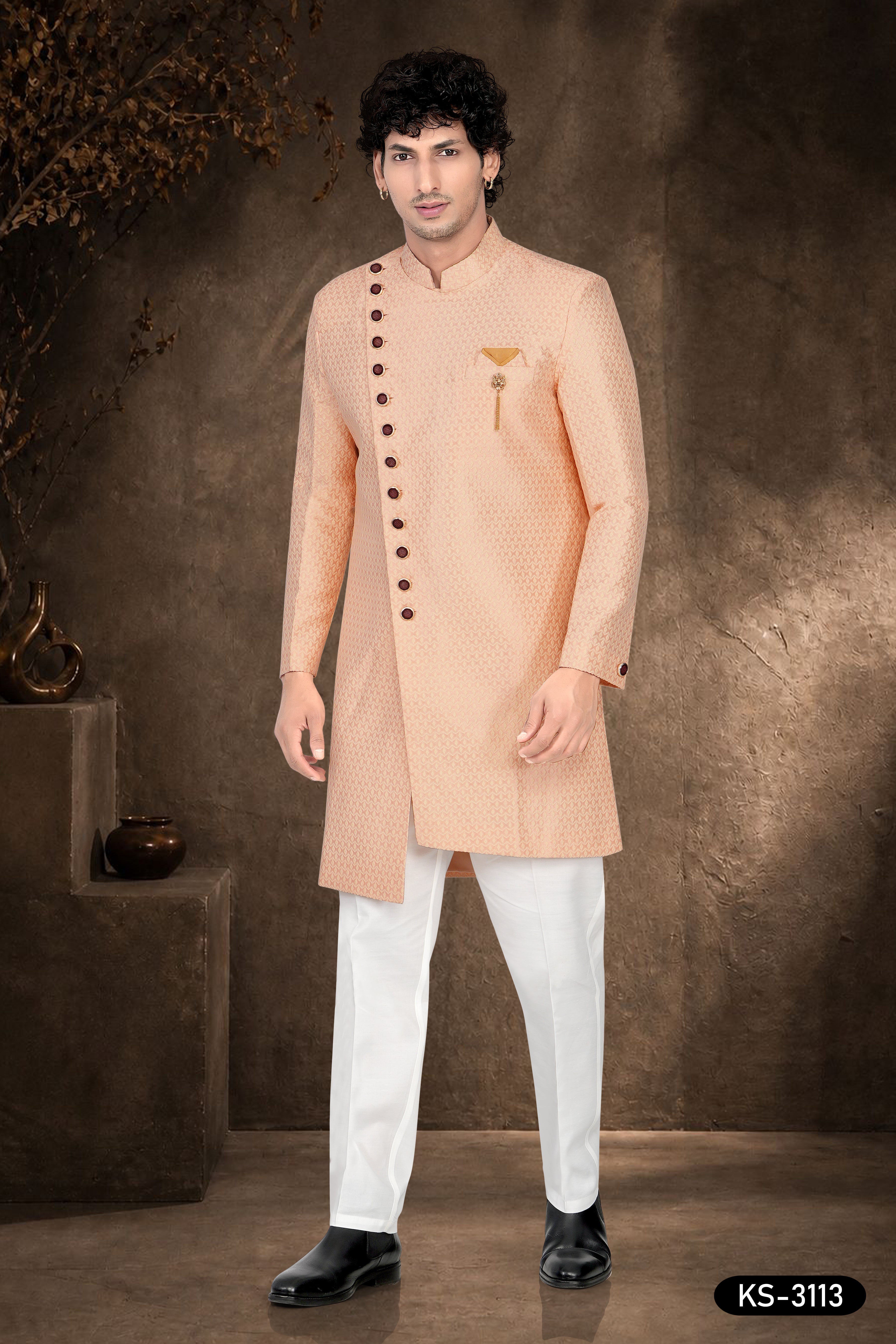 Men's Peach Jacquard Indo-Western Set with Self-Design & Art Silk Polo Pant