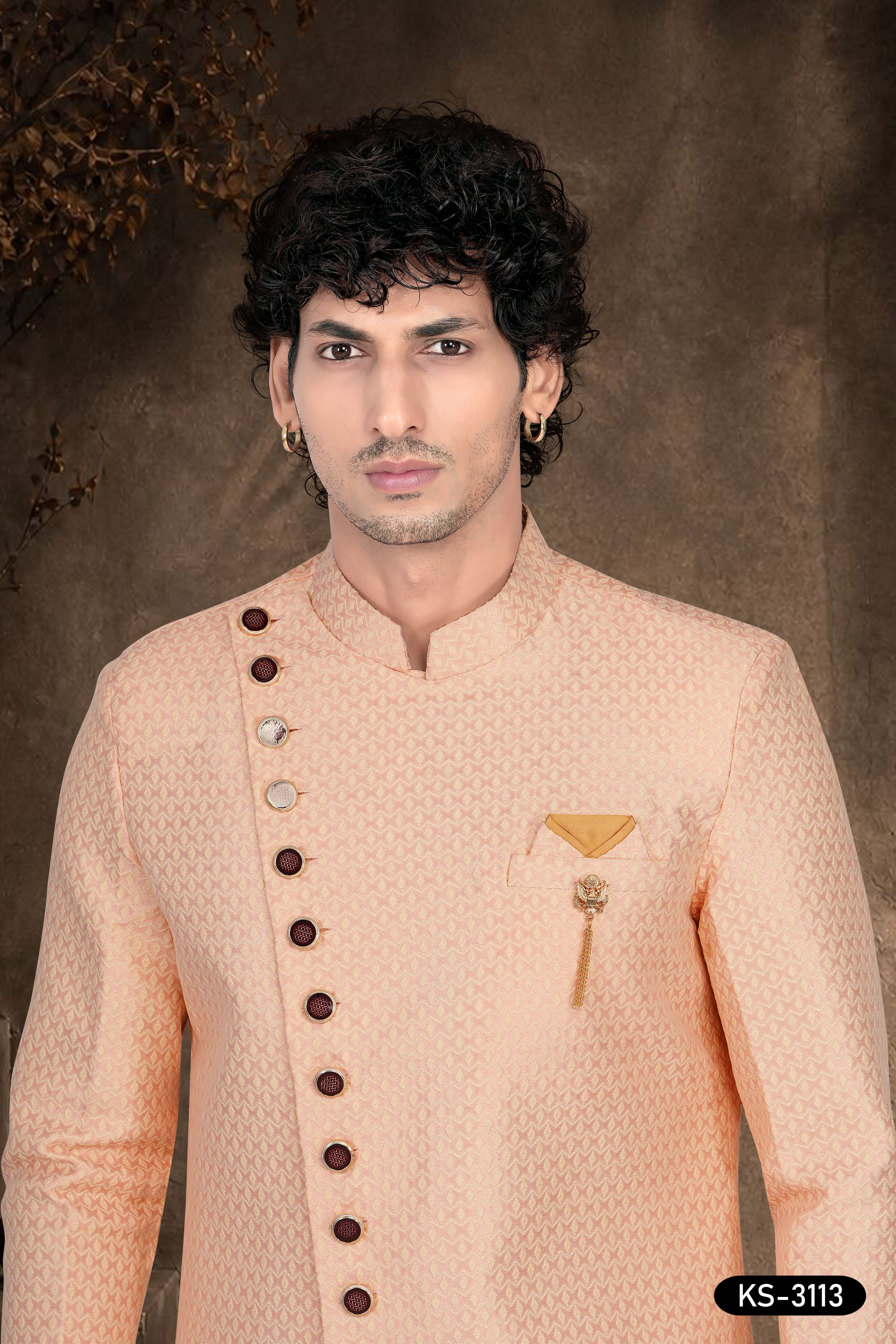 Men's Peach Jacquard Indo-Western Set with Self-Design & Art Silk Polo Pant