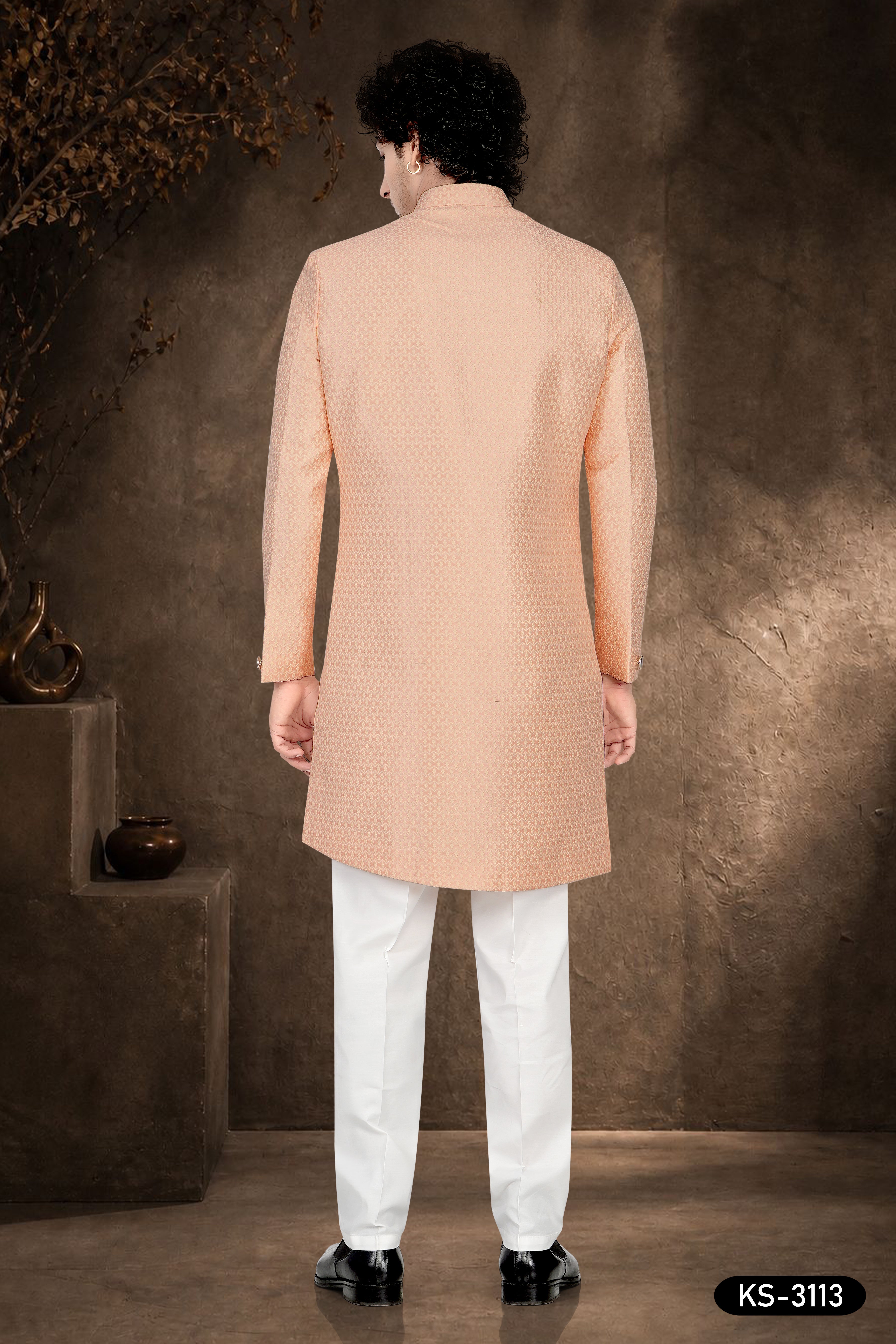 Men's Peach Jacquard Indo-Western Set with Self-Design & Art Silk Polo Pant