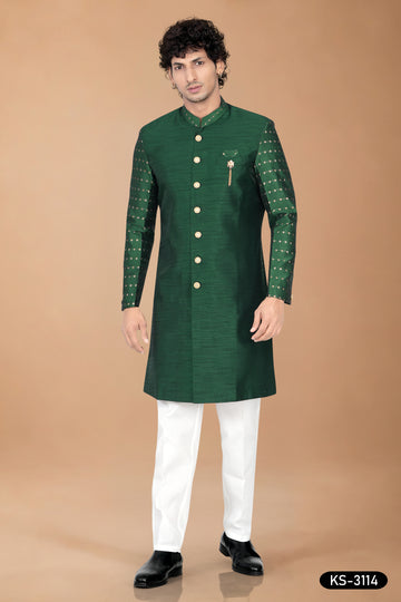 Green Silk Indo-Western Kurta Set with Designer Sleeves