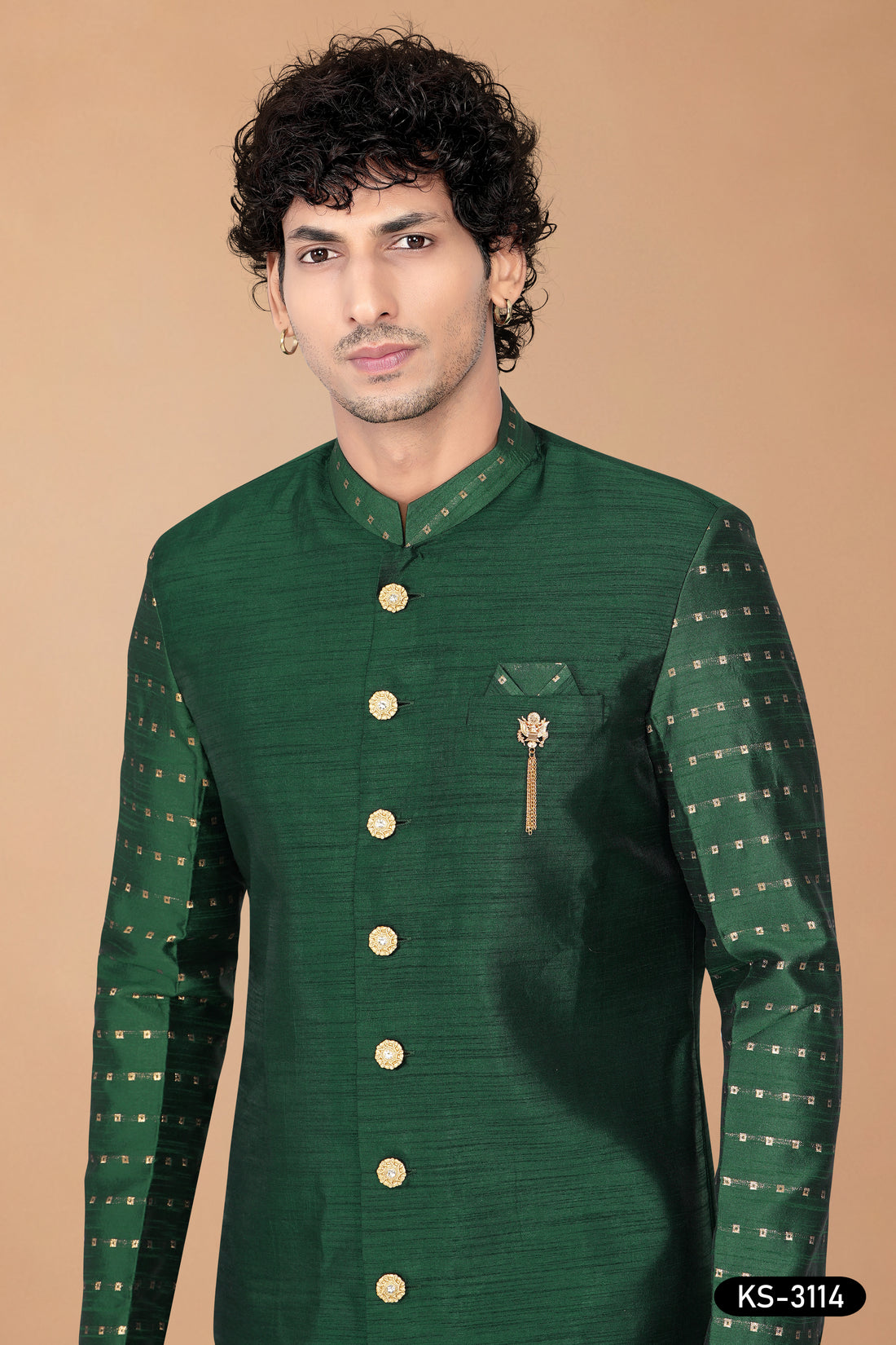 Green Silk Indo-Western Set with Designer Sleeves