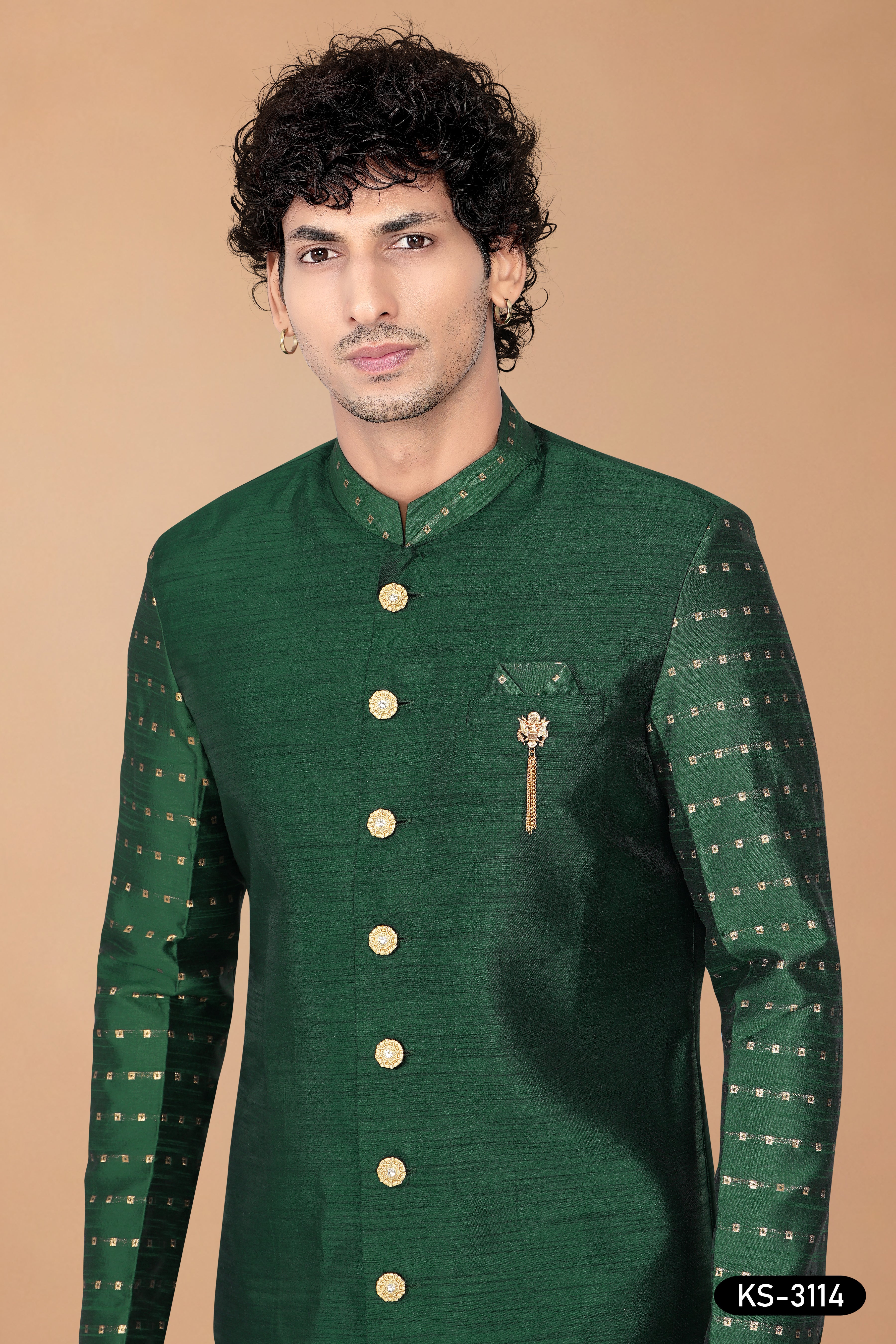 Green Silk Indo-Western Kurta Set with Designer Sleeves
