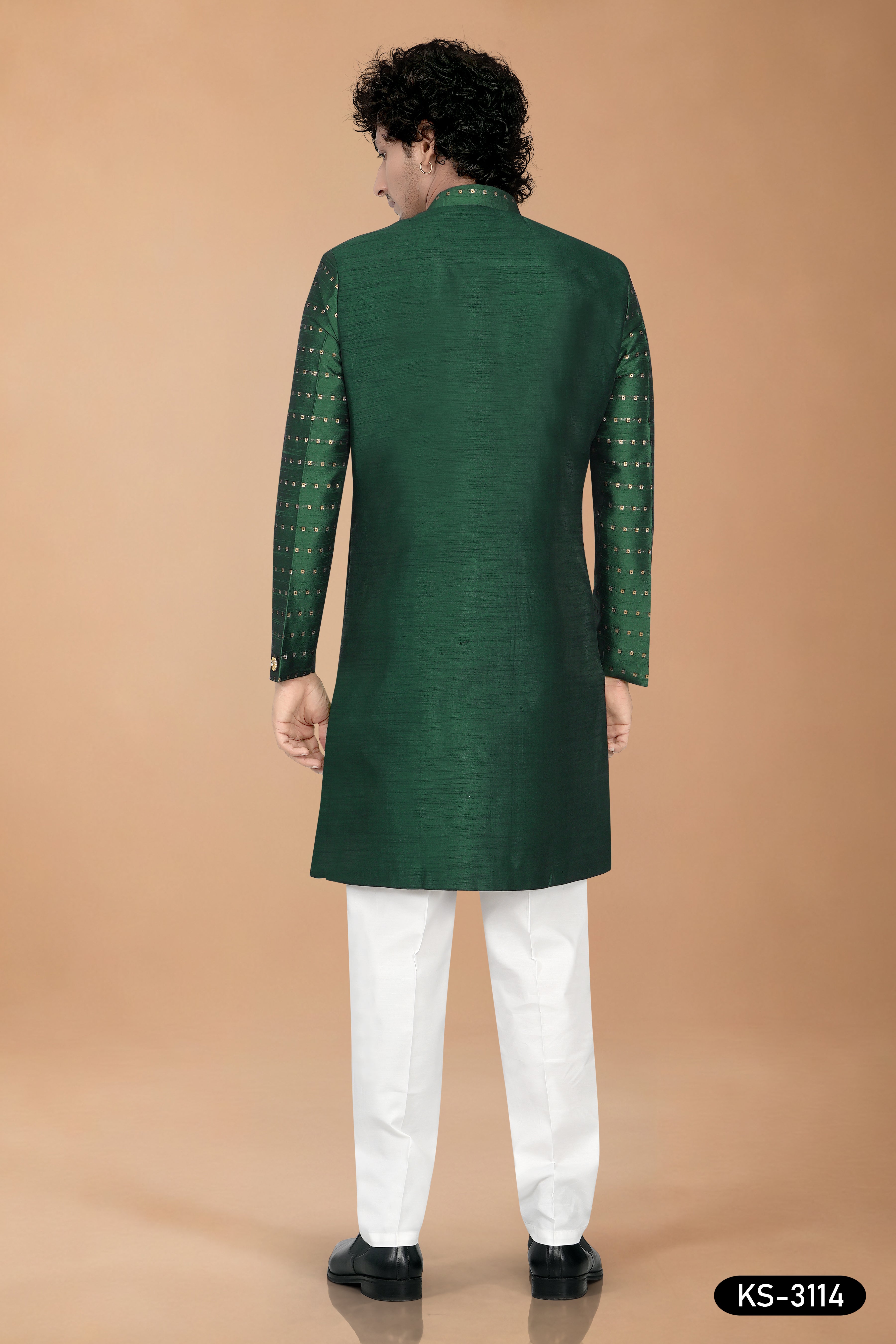 Green Silk Indo-Western Kurta Set with Designer Sleeves